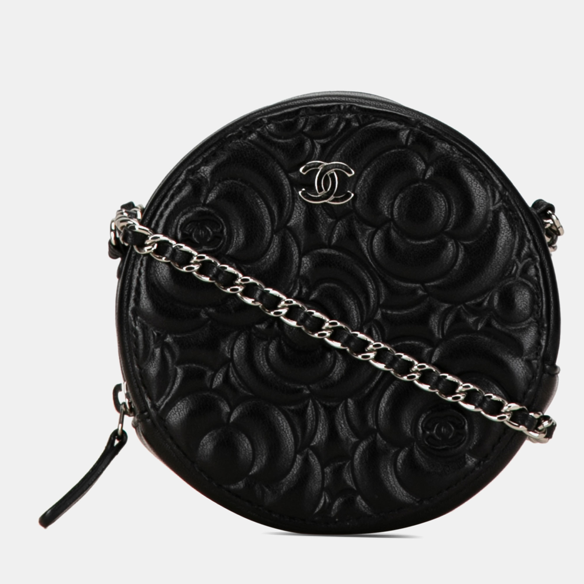 

Chanel Goatskin Camellia Round Clutch with Chain, Black