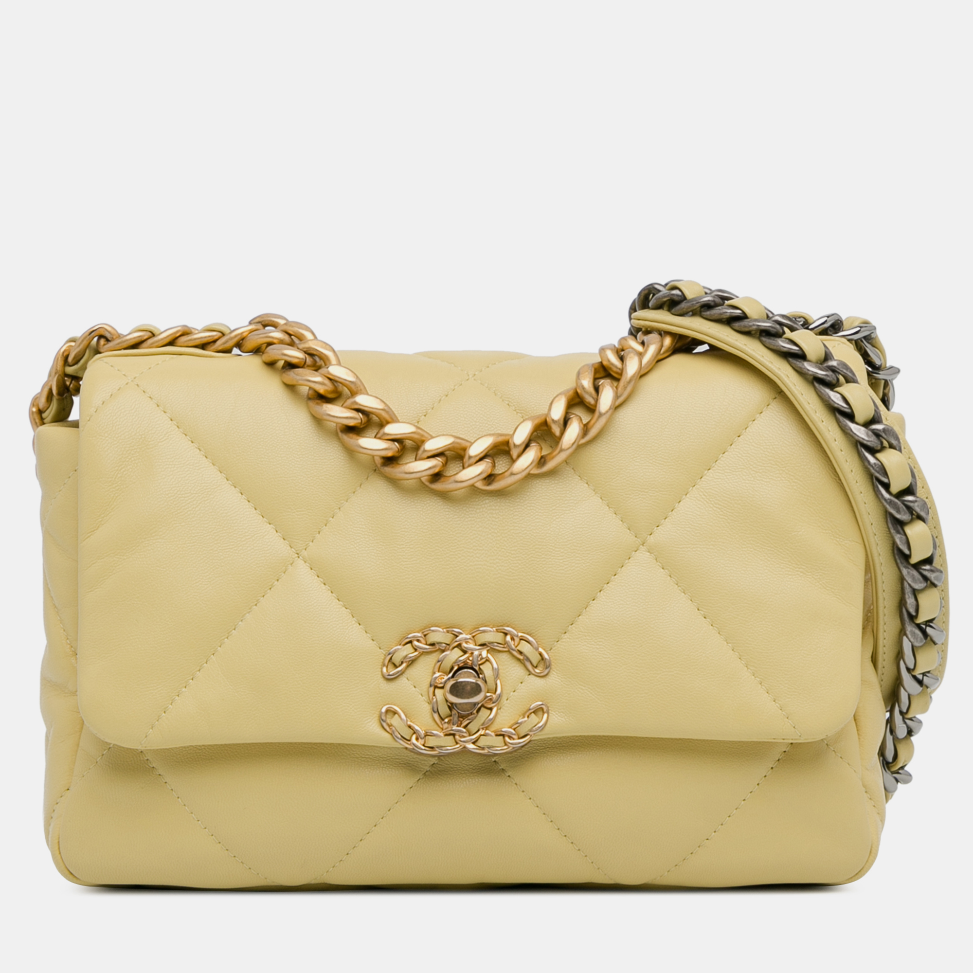 Pre-owned Chanel Medium Lambskin 19 Flap Bag In Yellow