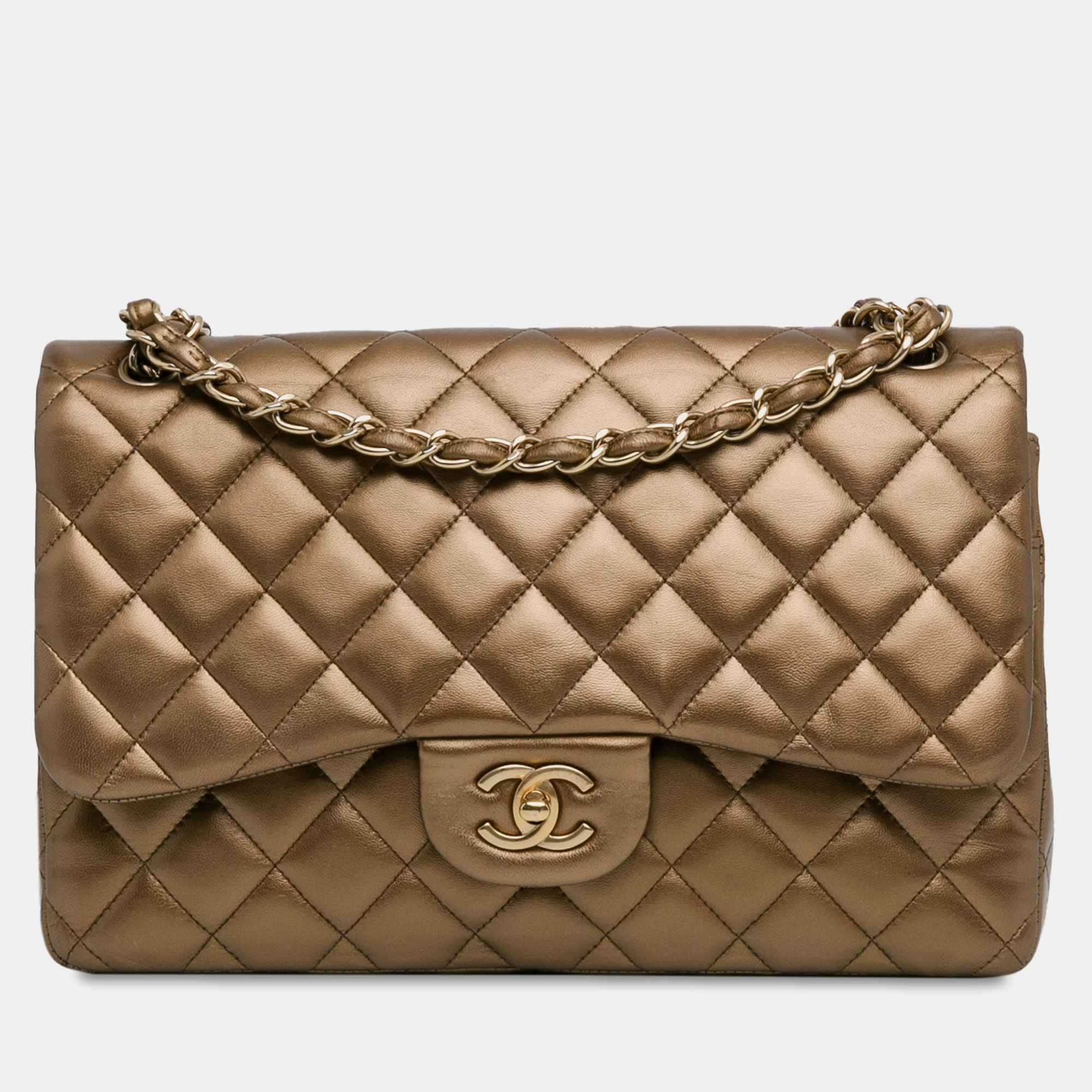 Pre-owned Chanel Jumbo Classic Lambskin Double Flap Bag In Gold