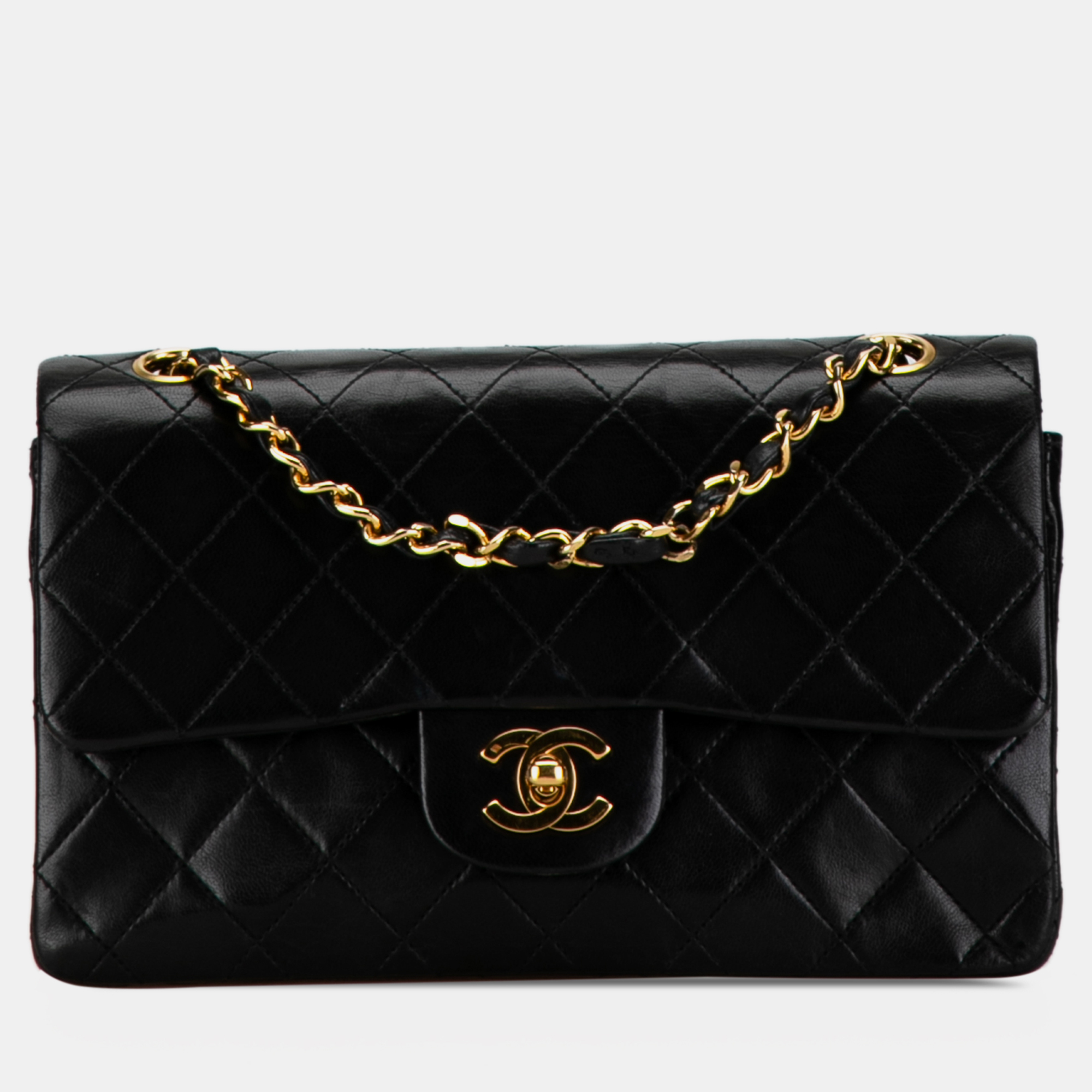 Pre-owned Chanel Small Classic Lambskin Double Flap Bag In Black