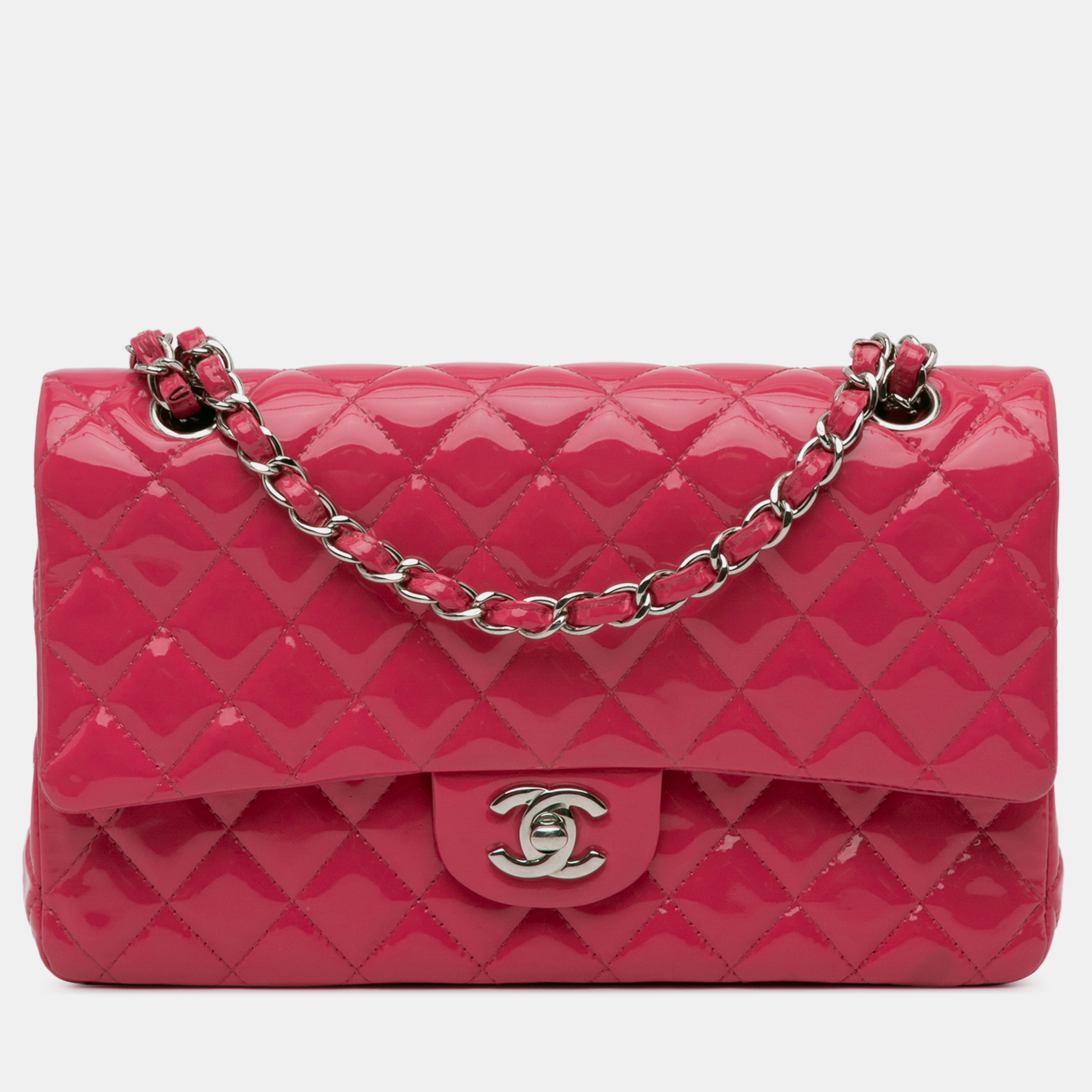 

Chanel Medium Classic Patent Double Flap Bag, Pink