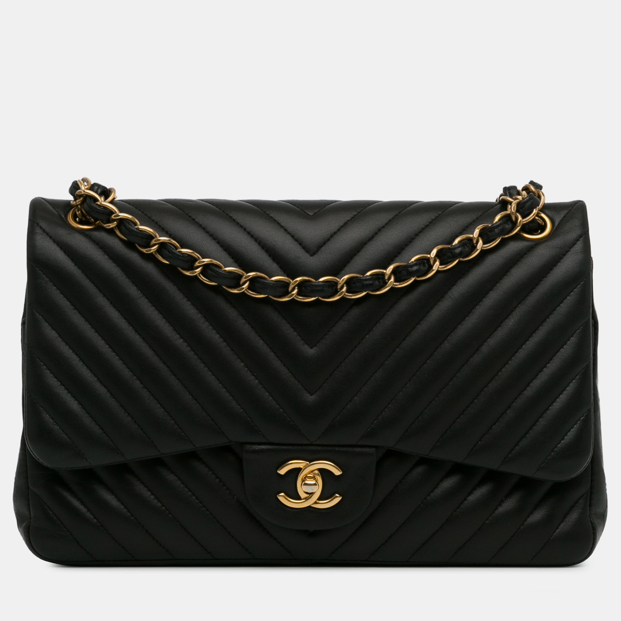 Pre-owned Chanel Jumbo Classic Chevron Lambskin Double Flap Bag In Black