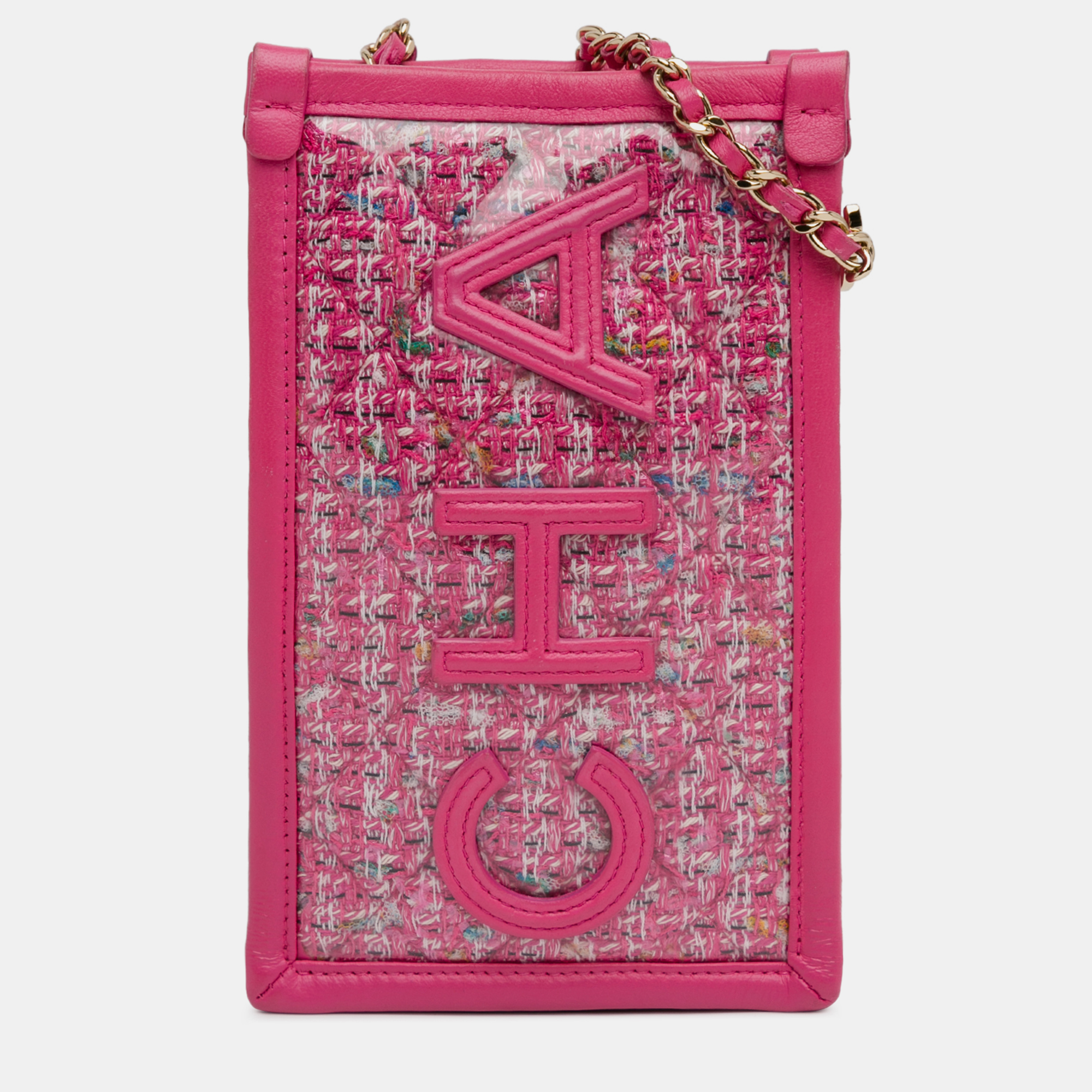 

Chanel Tweed and PVC Phone Clutch with Chain, Pink