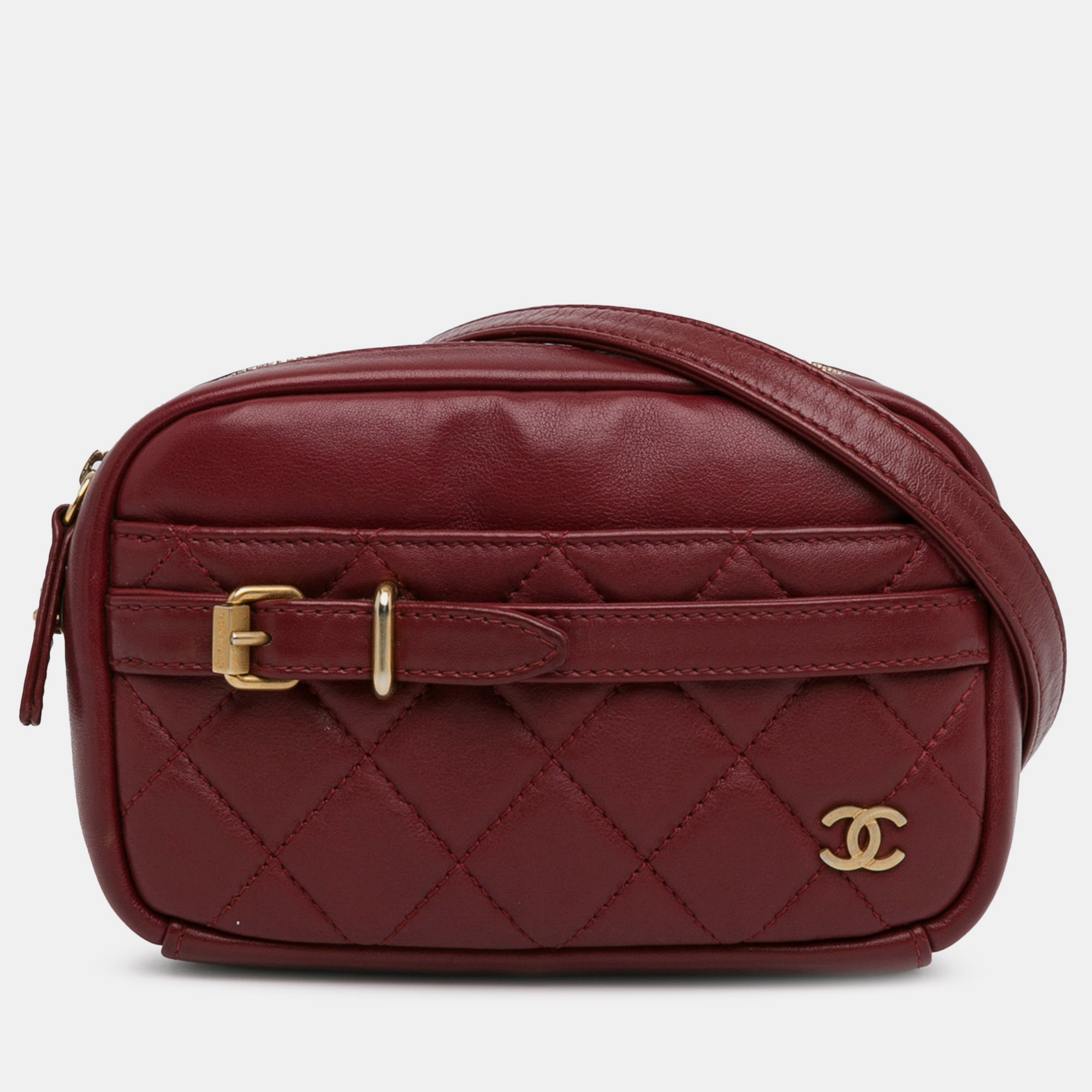 Pre-owned Chanel Small Quilted Lambskin Buckle Camera Bag In Red