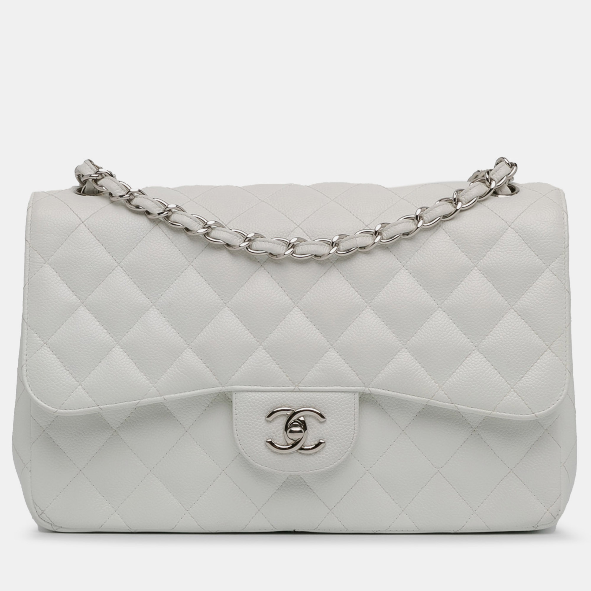 

Chanel Jumbo Classic Caviar Double Flap Bag, White