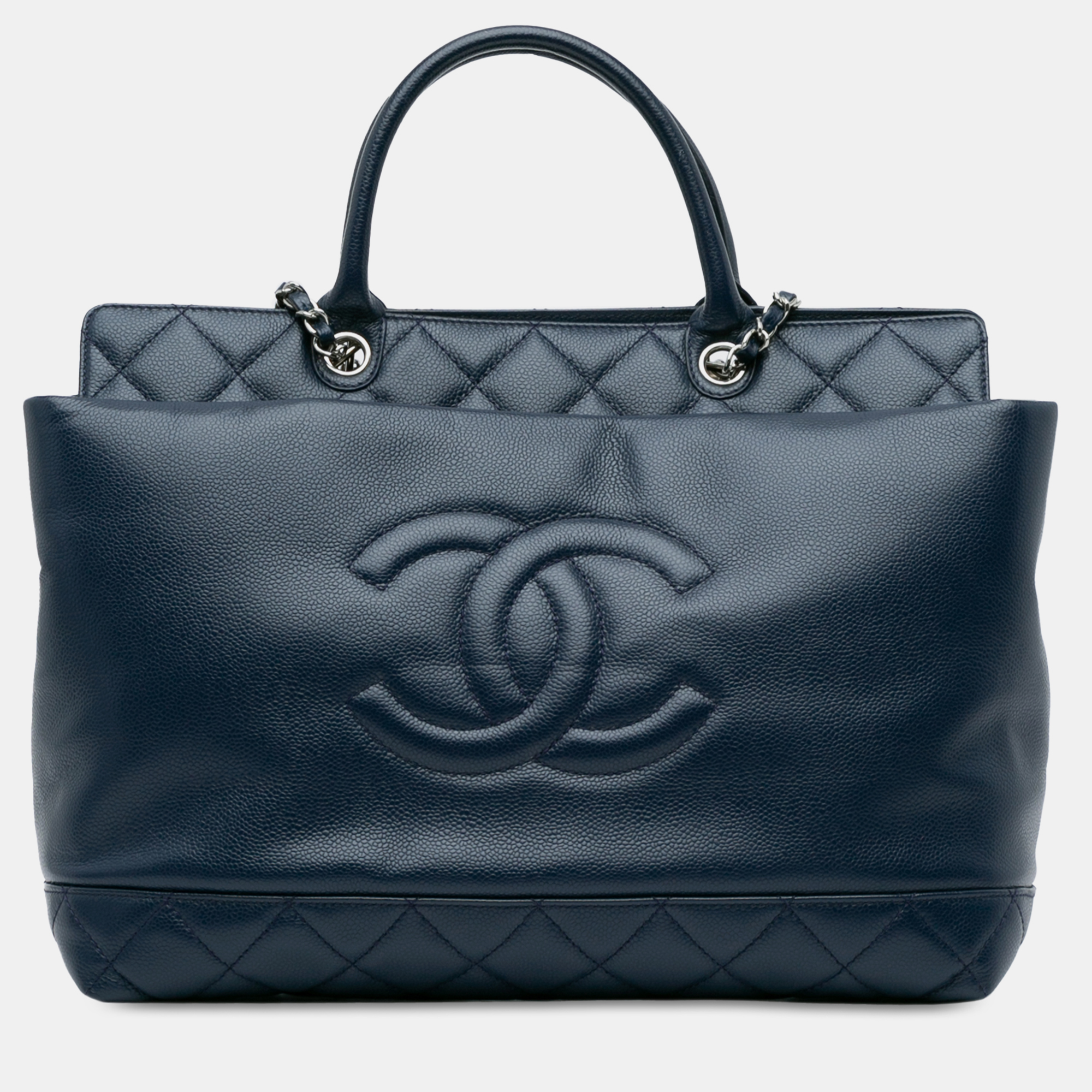 Pre-owned Chanel Large Soft Caviar Leather Top Handle Tote In Navy Blue