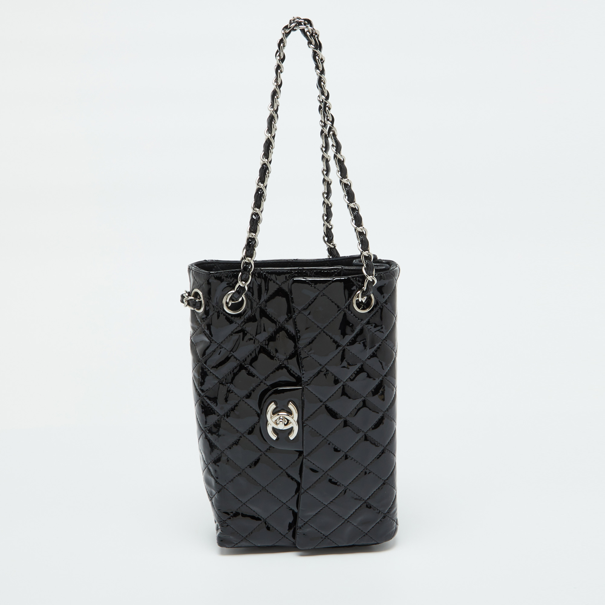 

Chanel Black Quilted Patent Leather Sideways Flap Shoulder Bag