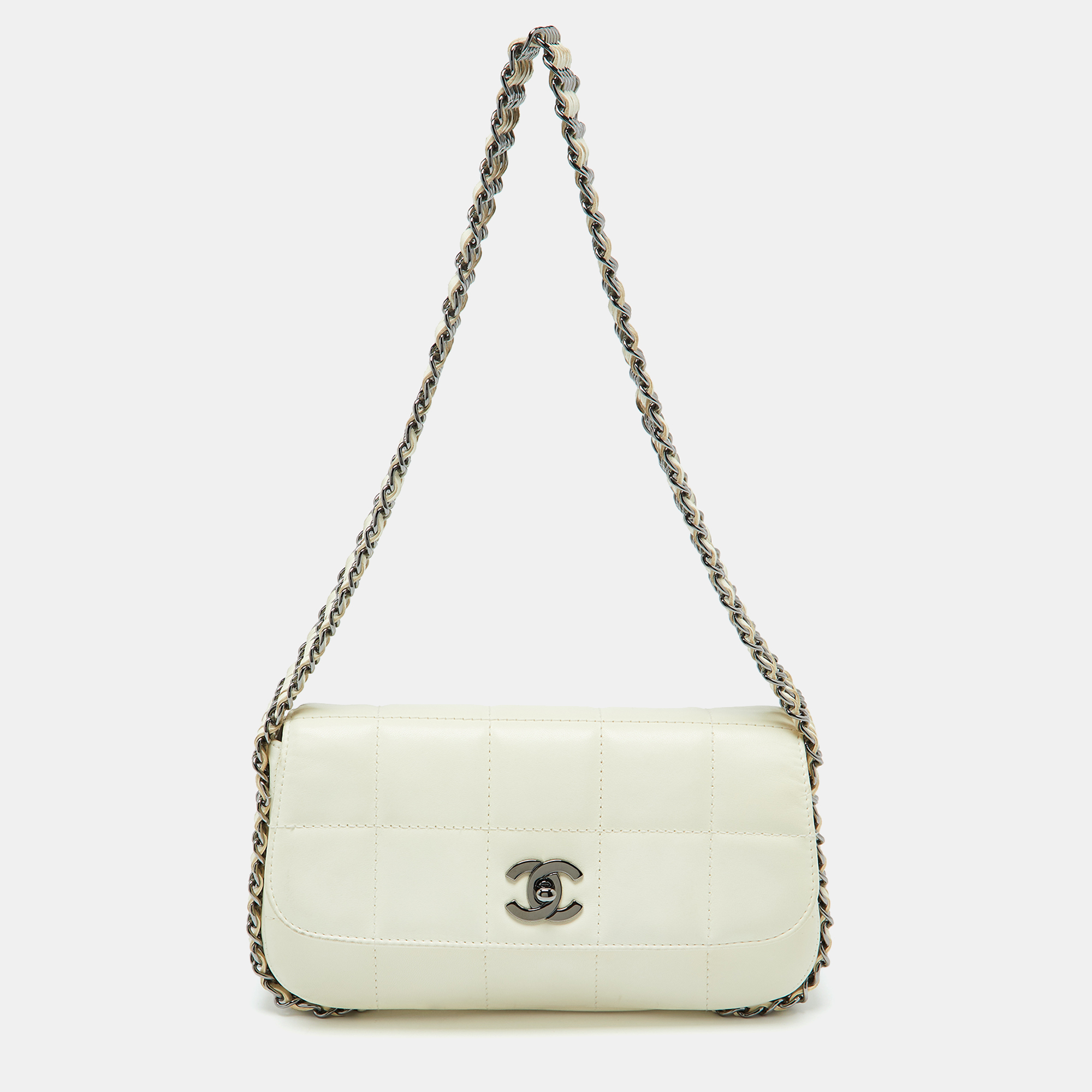 

Chanel White Square Quilted Leather Multi Chain Classic Flap Bag