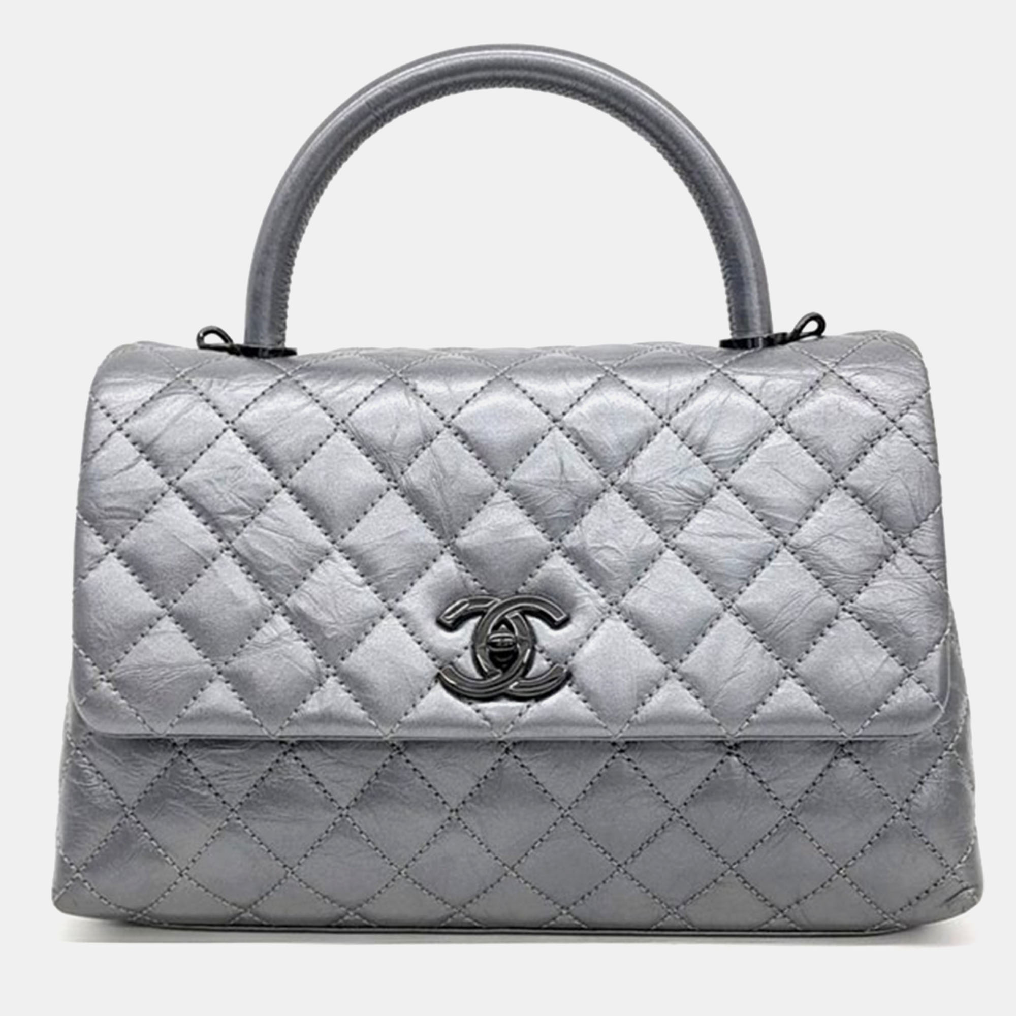 

Chanel Grey Leather Coco Handle 28 Bag, Silver