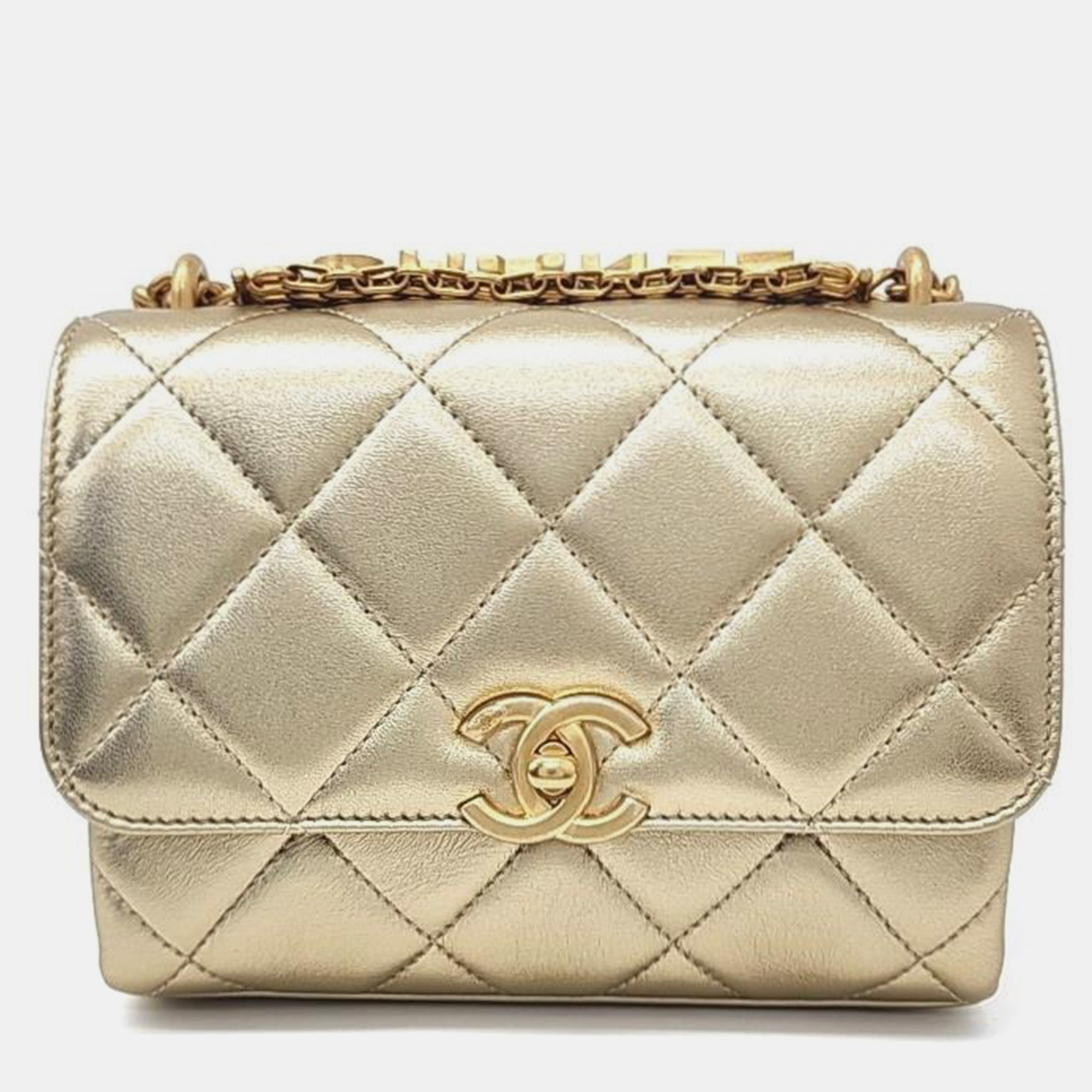 

Chanel Gold Metallic Lambskin Quilted Mini CC Crystal Logo Chain Flap Bag