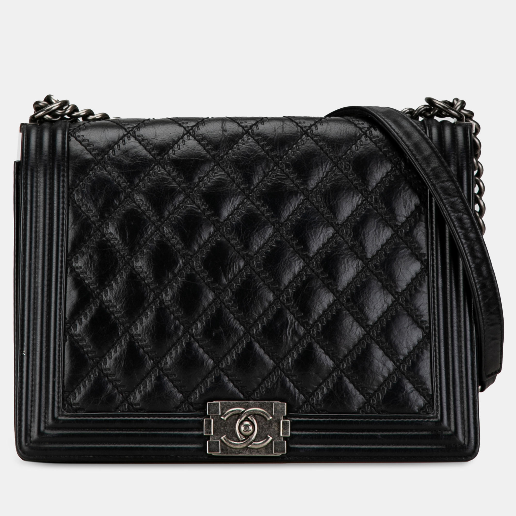 

Chanel Large Calfskin Embroidered Stitch Boy Flap, Black