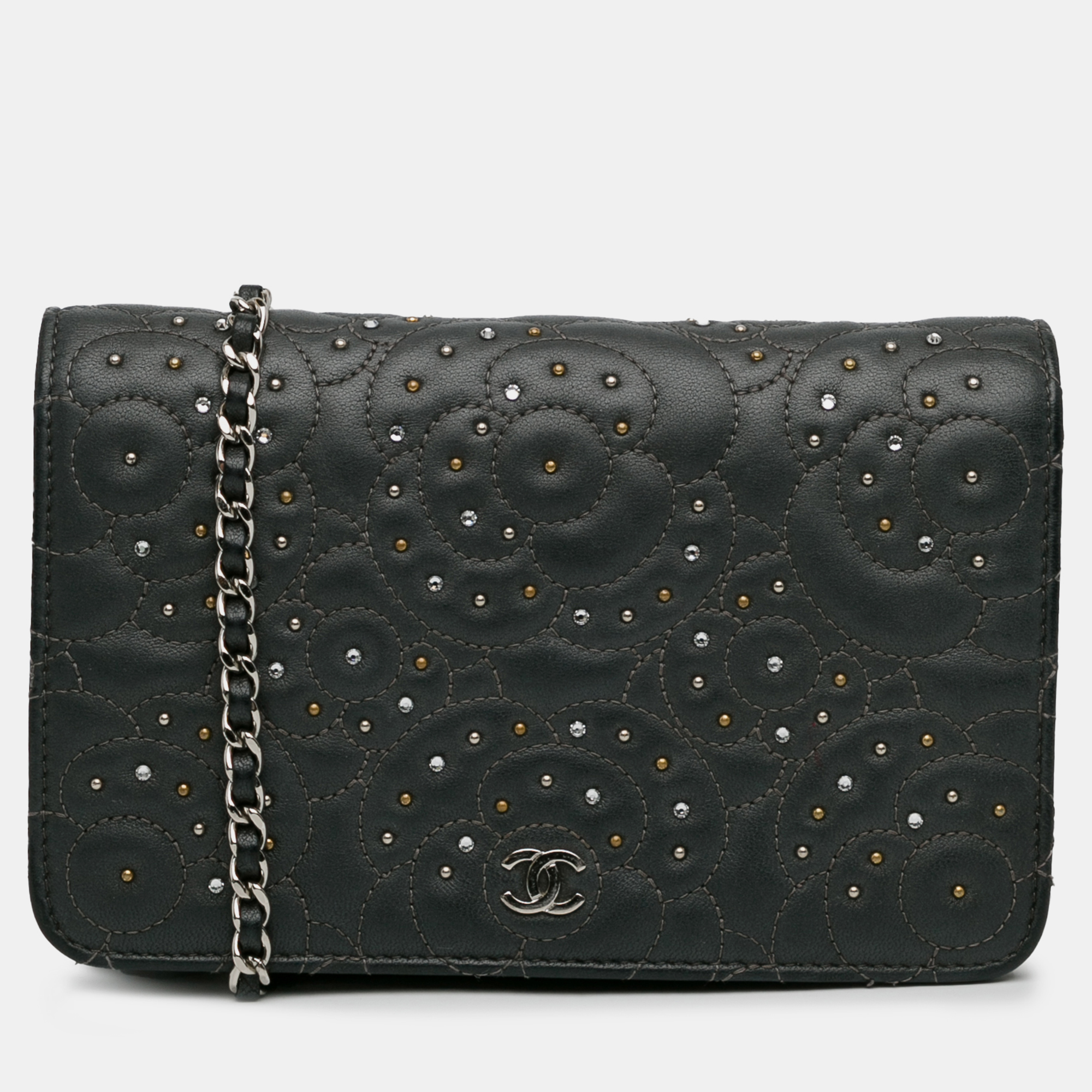 

Chanel Black Leather Studded Camellia Wallet On Chain