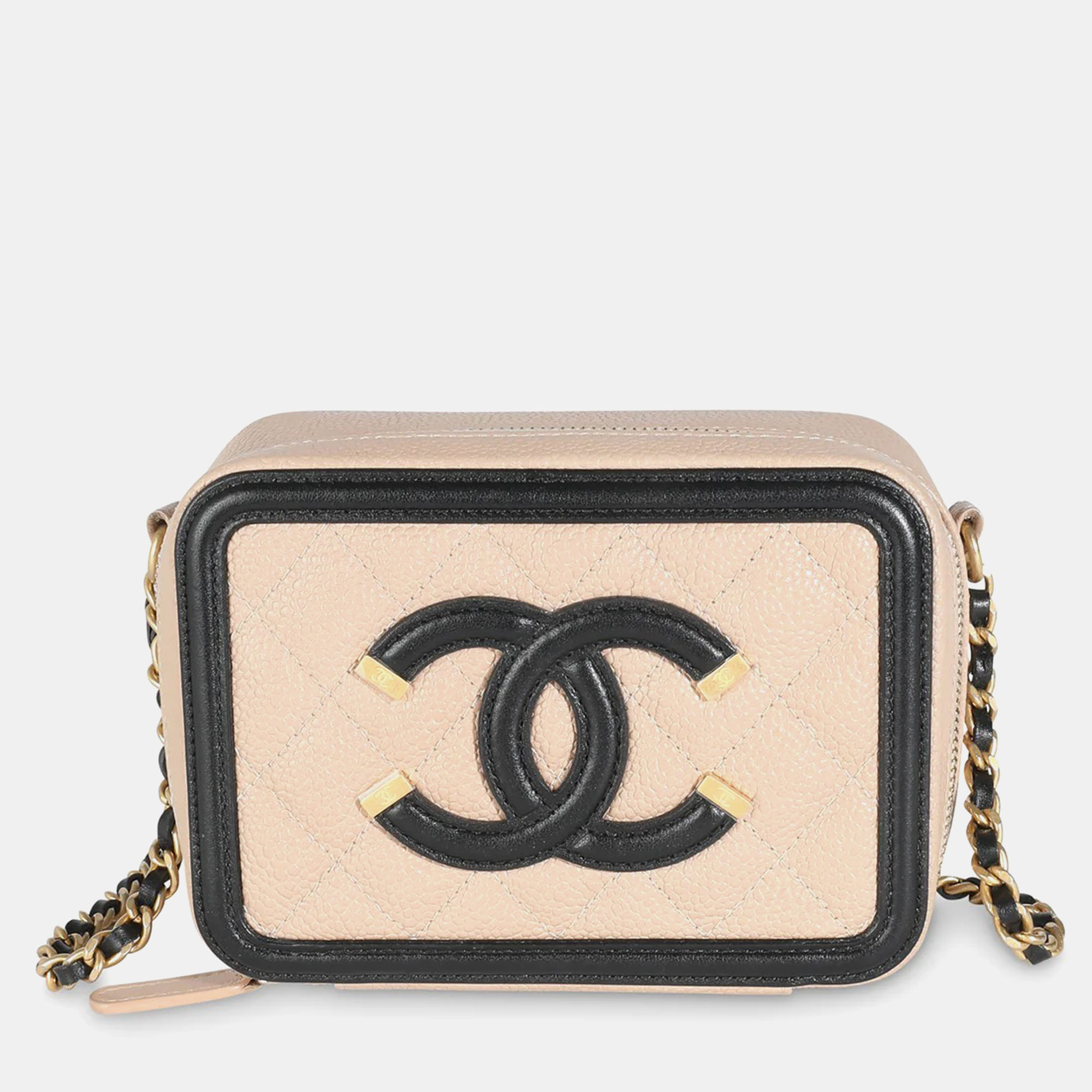 

Chanel Beige/Black Quilted Caviar Mini Filigree Vanity Clutch With Chain