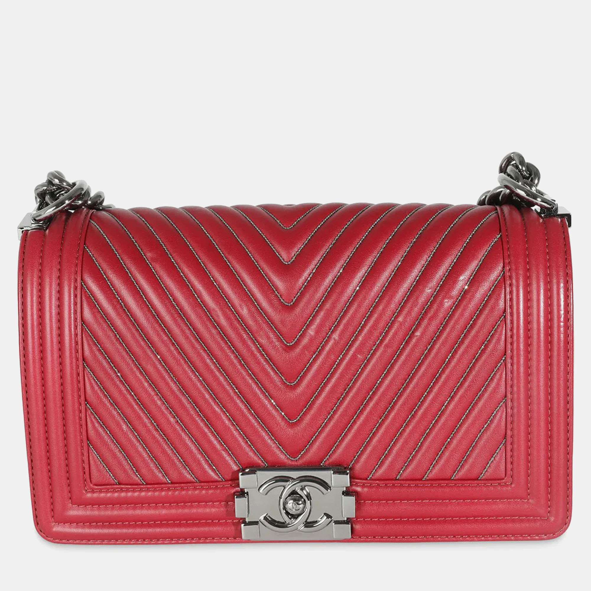 

Chanel Burgundy Chevron Calfskin Chain  Boy Shoulder Bag, Red