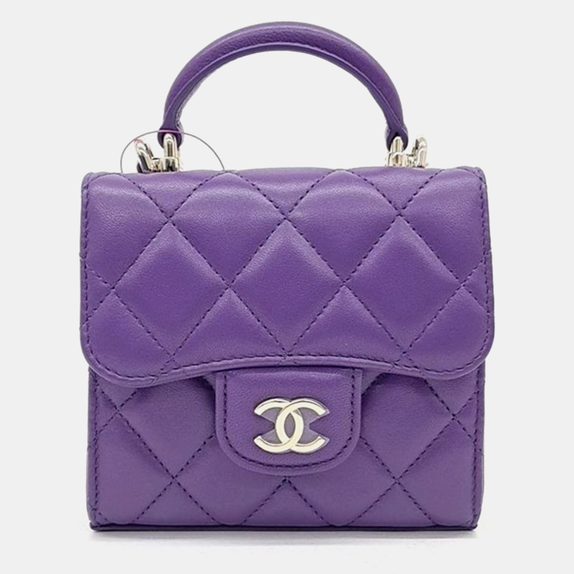 

Chanel Purple Lambskin Quilted Top Handle Clutch With Chain