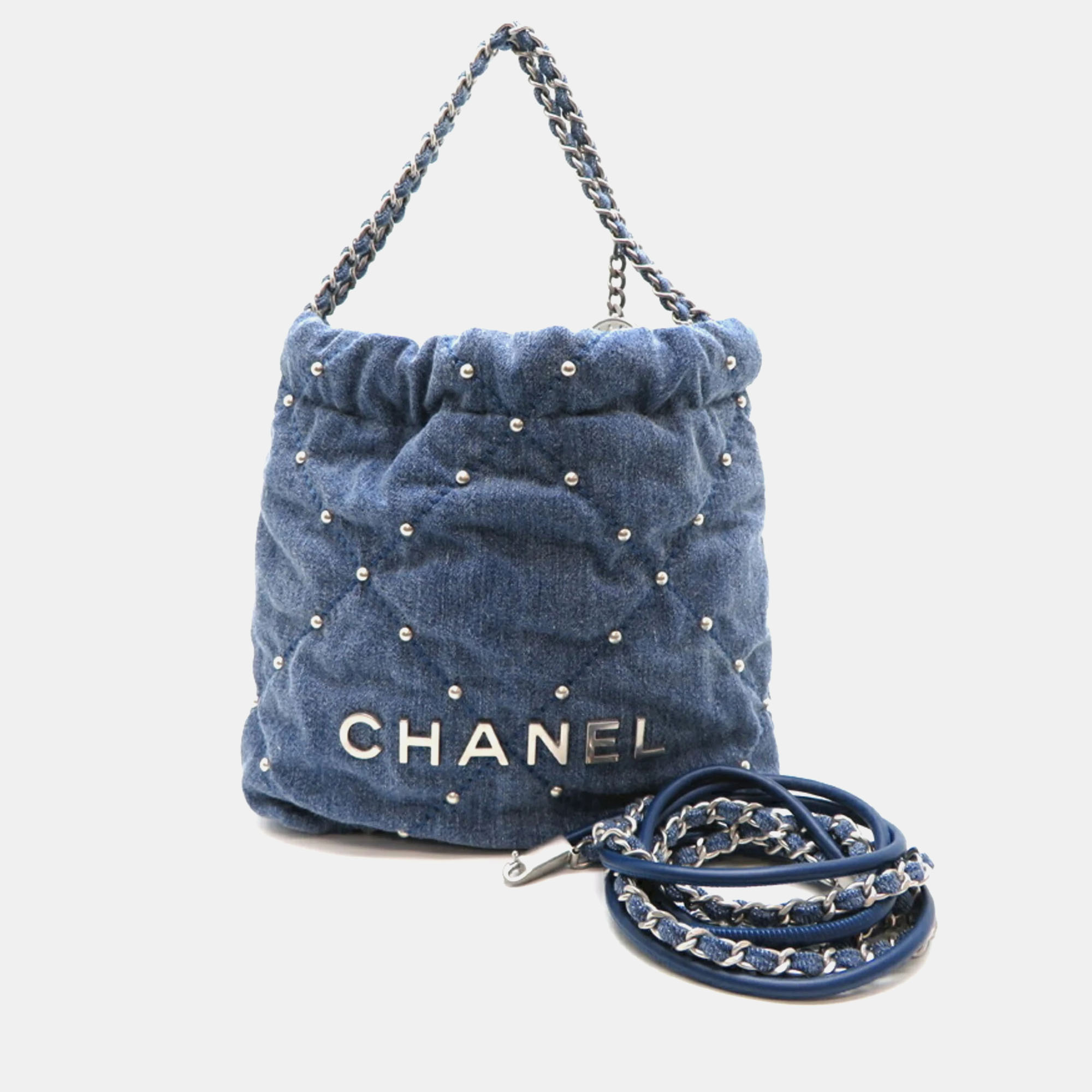 

Chanel Blue Denim Pearls Quilted Mini Chanel 22 Hobo Bag