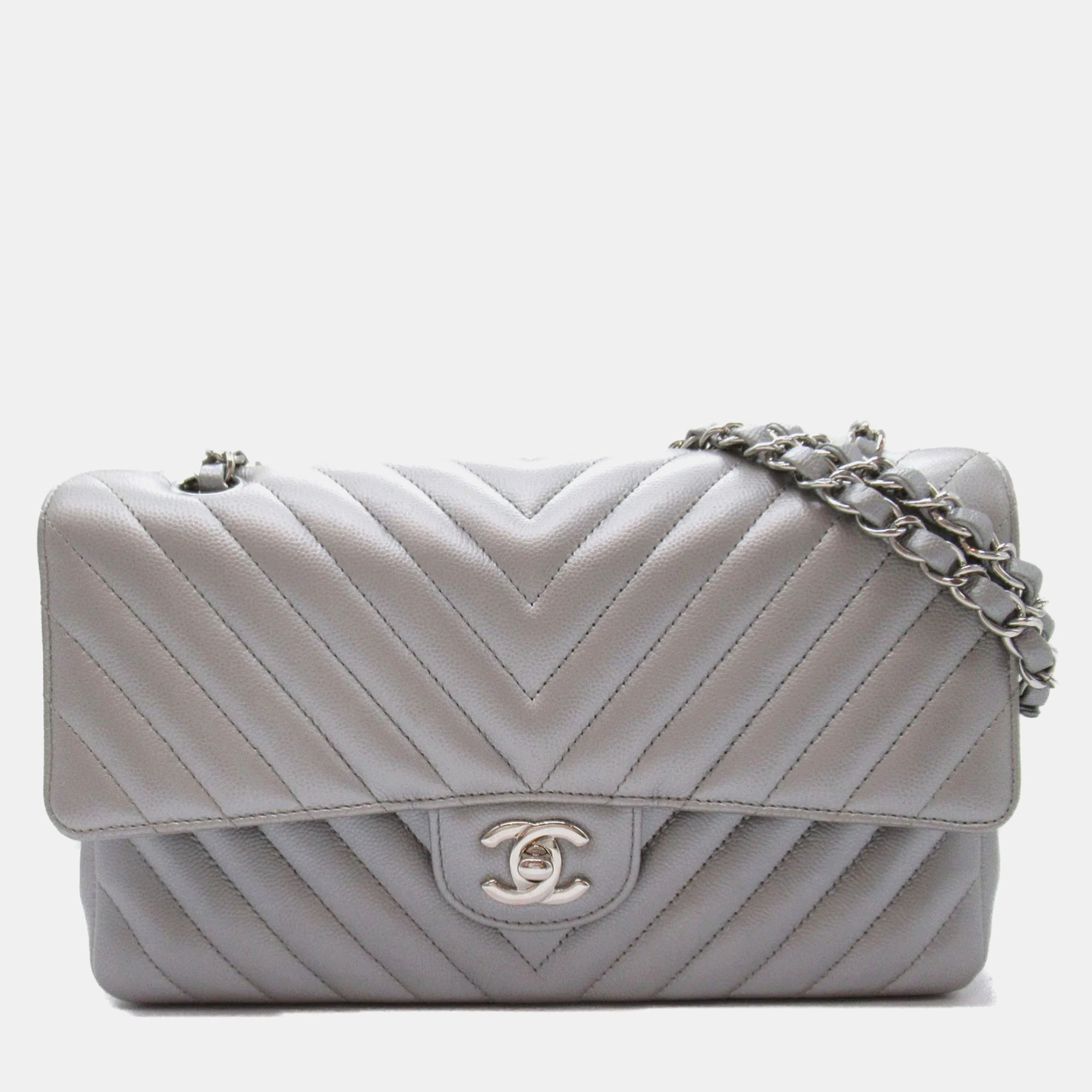 

Chanel Silver Chevron Quilted Caviar Leather  Classic Double Flap Shoulder Bag