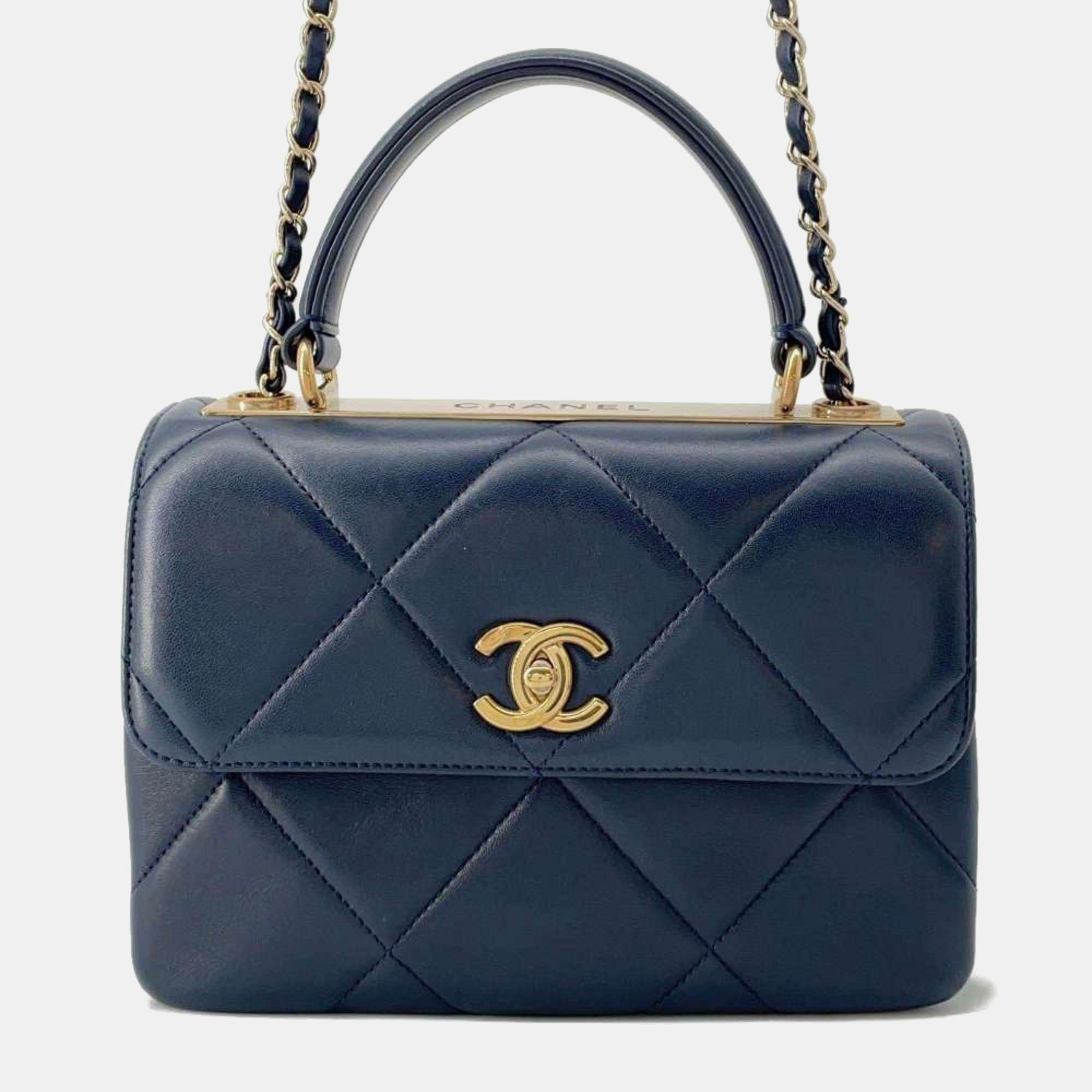 

Chanel Navy Blue Lambskin Leather Small Trendy CC Top Handle Bag