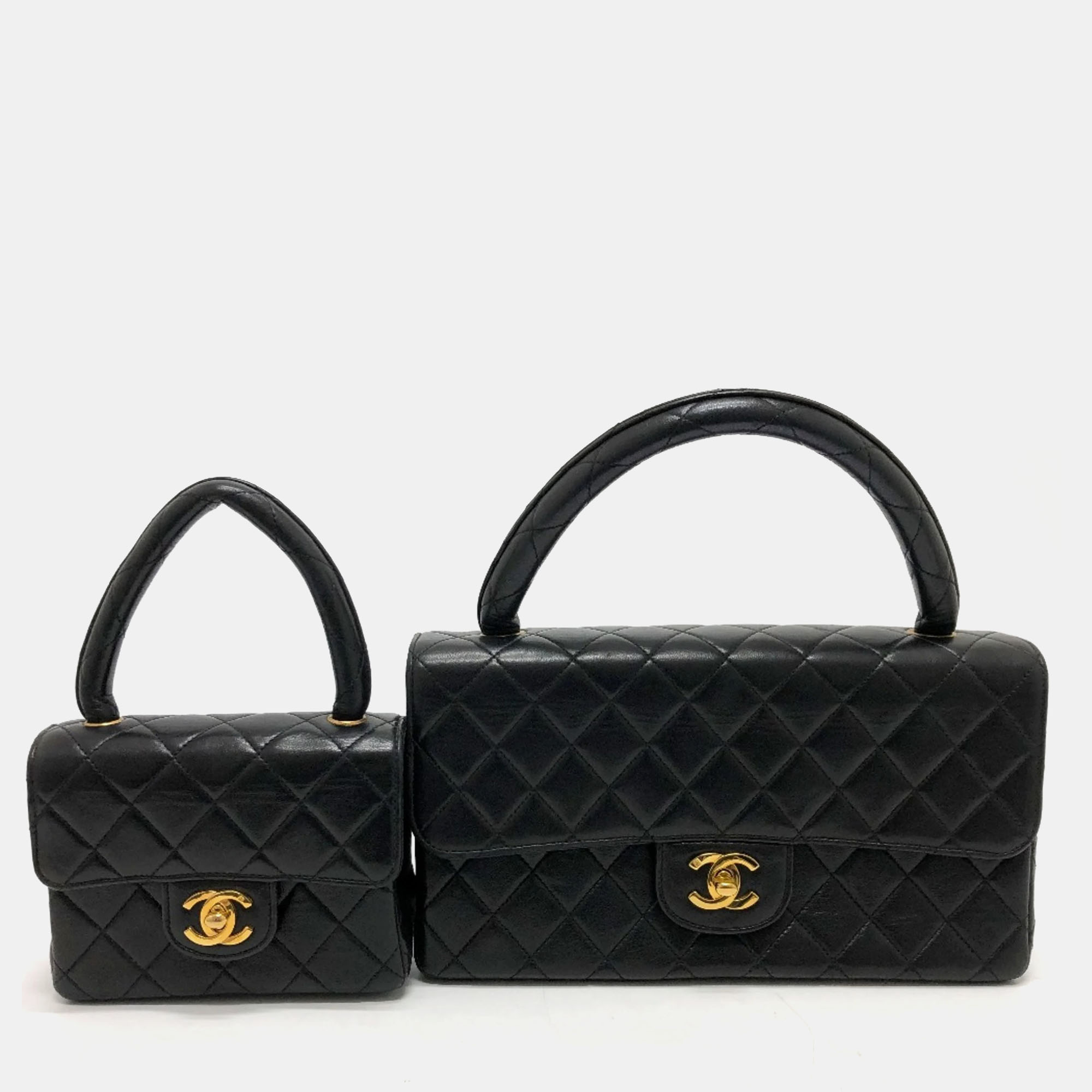 

Chanel Black Leather Classic Kelly Top Handle Bag Set