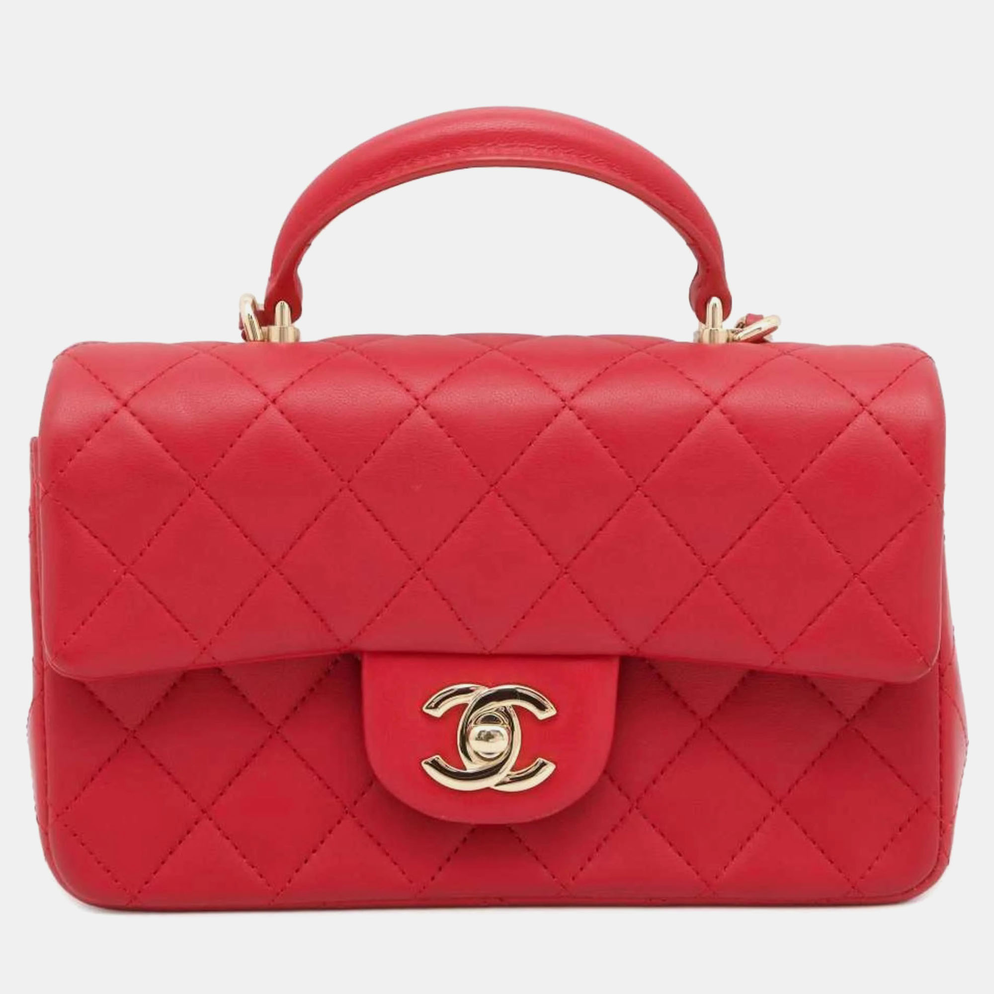 

Chanel Red Lambskin Quilted Mini Rectangular Flap Top Handle Bag