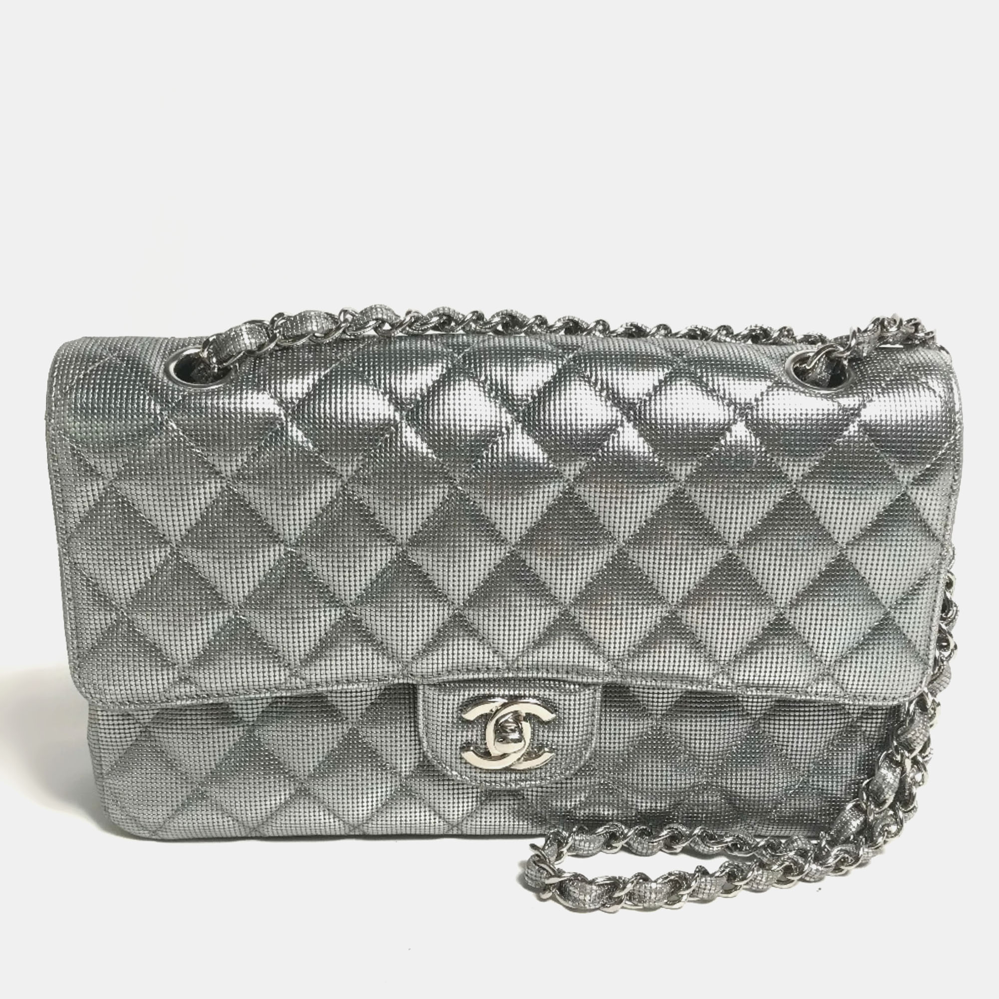 

Chanel Metallic Silver Quilted Calfskin Pixel Effect Medium Classic Double Flap Bag