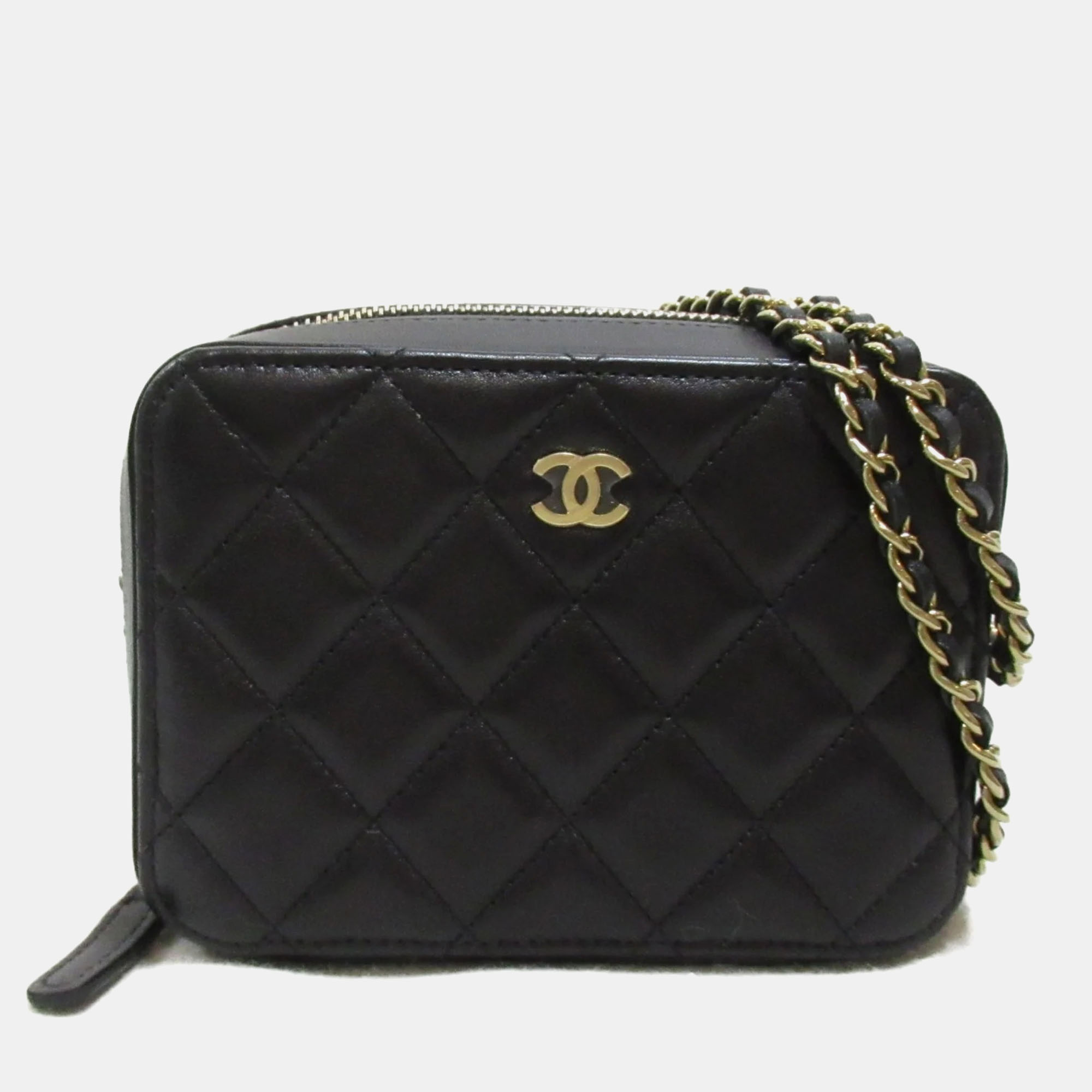 

Chanel Black Quilted Lambskin Mini Pearl Crush Zip Around Vanity Case with Chain