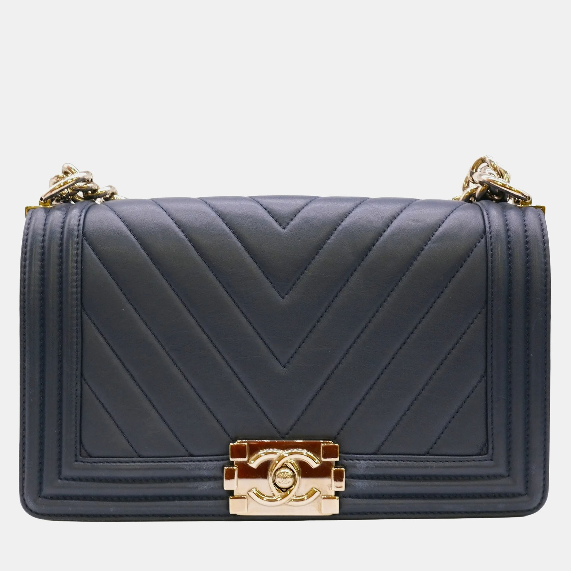 

Chanel Navy Blue Lambskin Leather  Chevron Boy Shoulder Bag