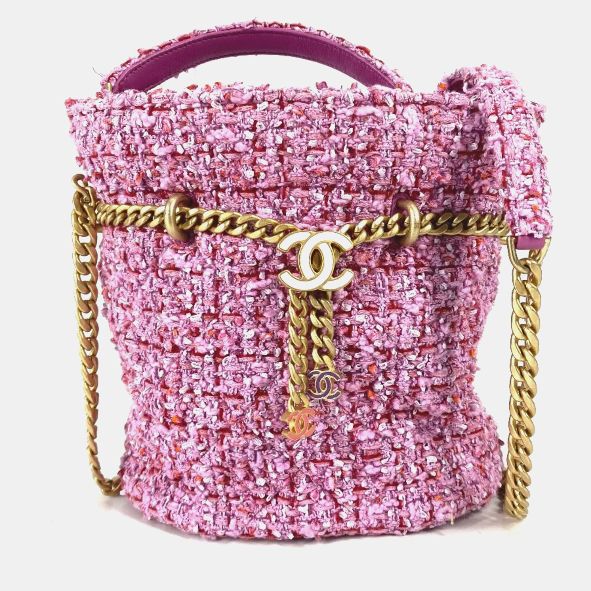 

Chanel Tweed Enamel Quilted Pending CC Bucket Drawstring Shoulder Bags, Purple