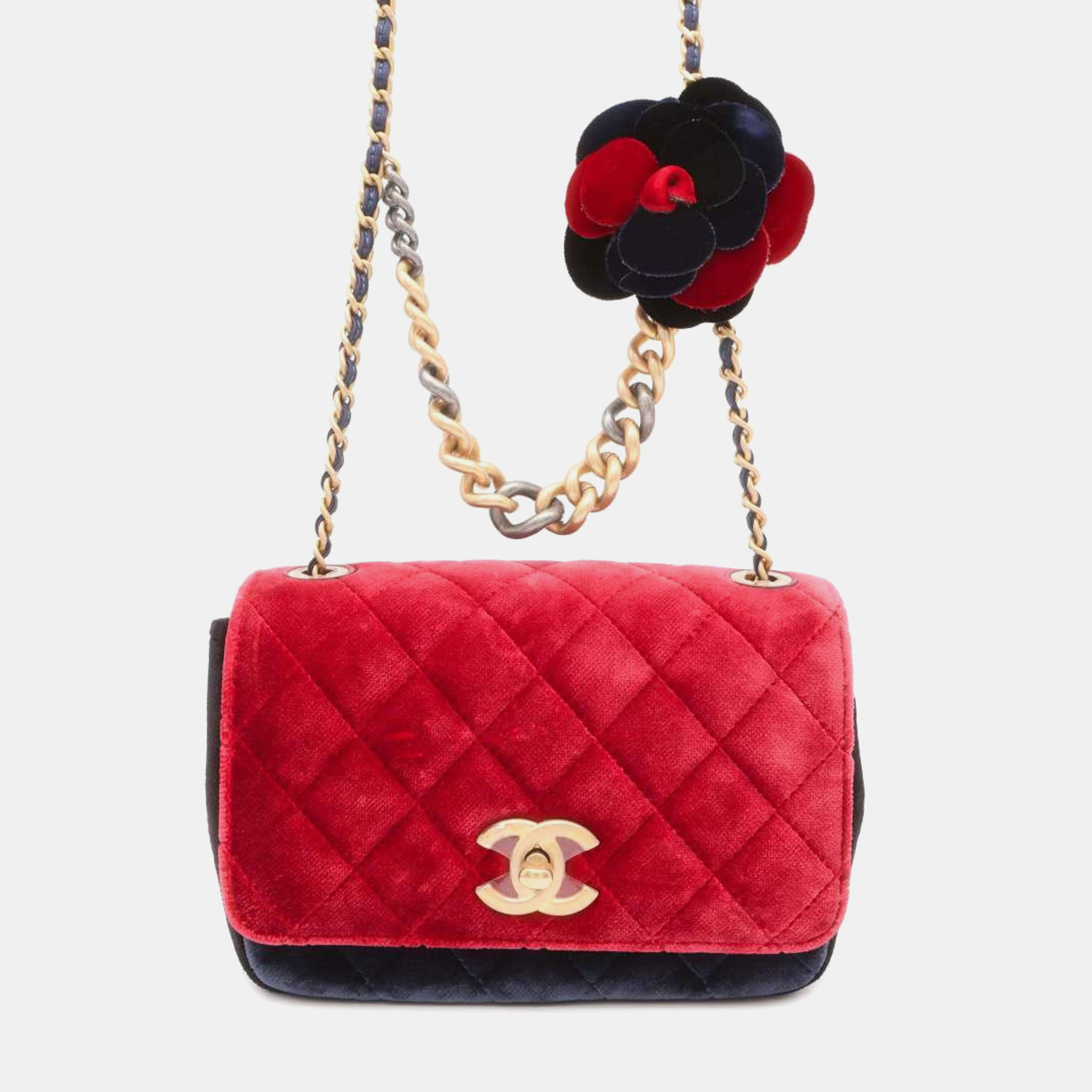 

Chanel Red/Navy Blue Velour Camellia Shoulder Bag