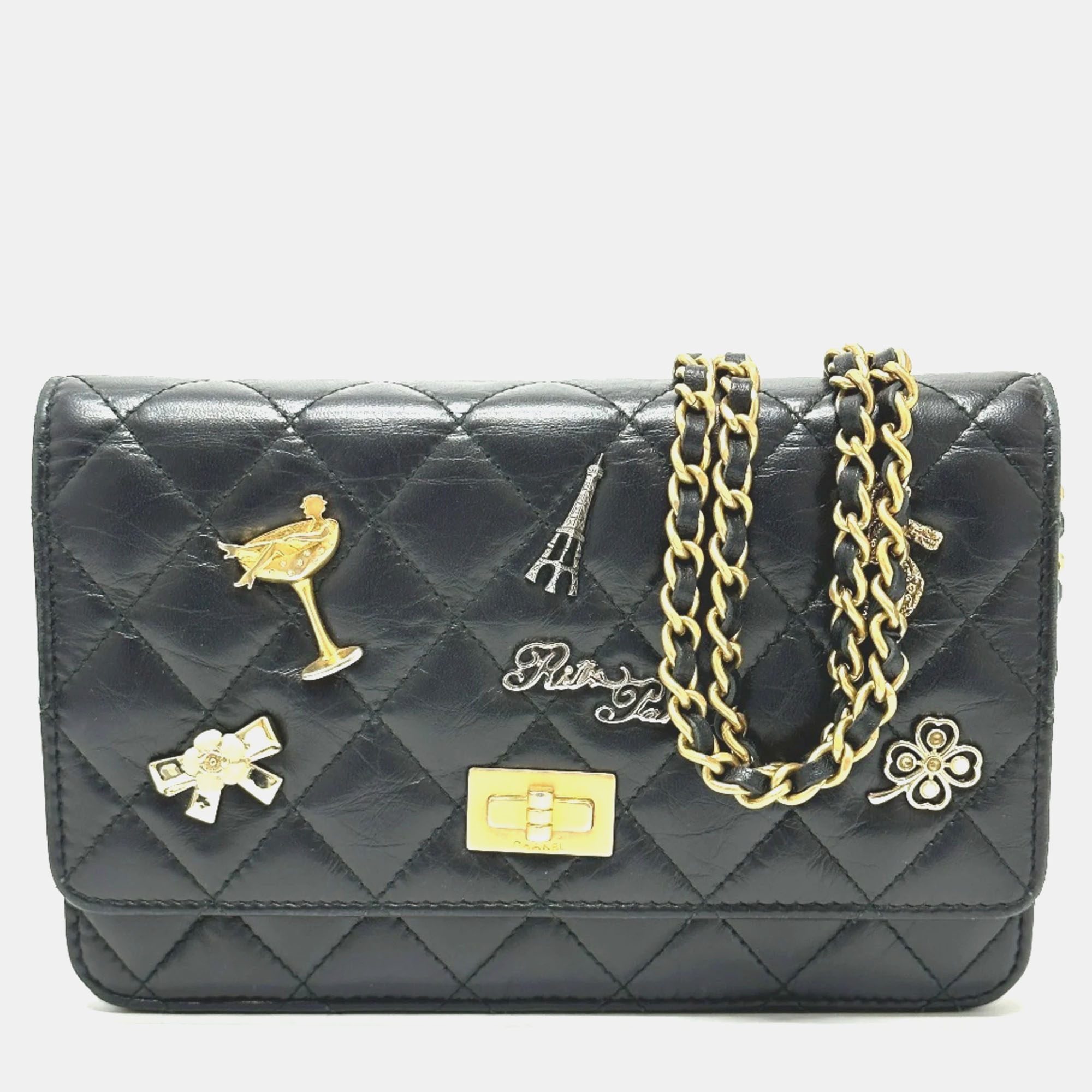 

Chanel Black Aged Calfskin Quilted Lucky Charms 2.55 Reissue Wallet On Chain