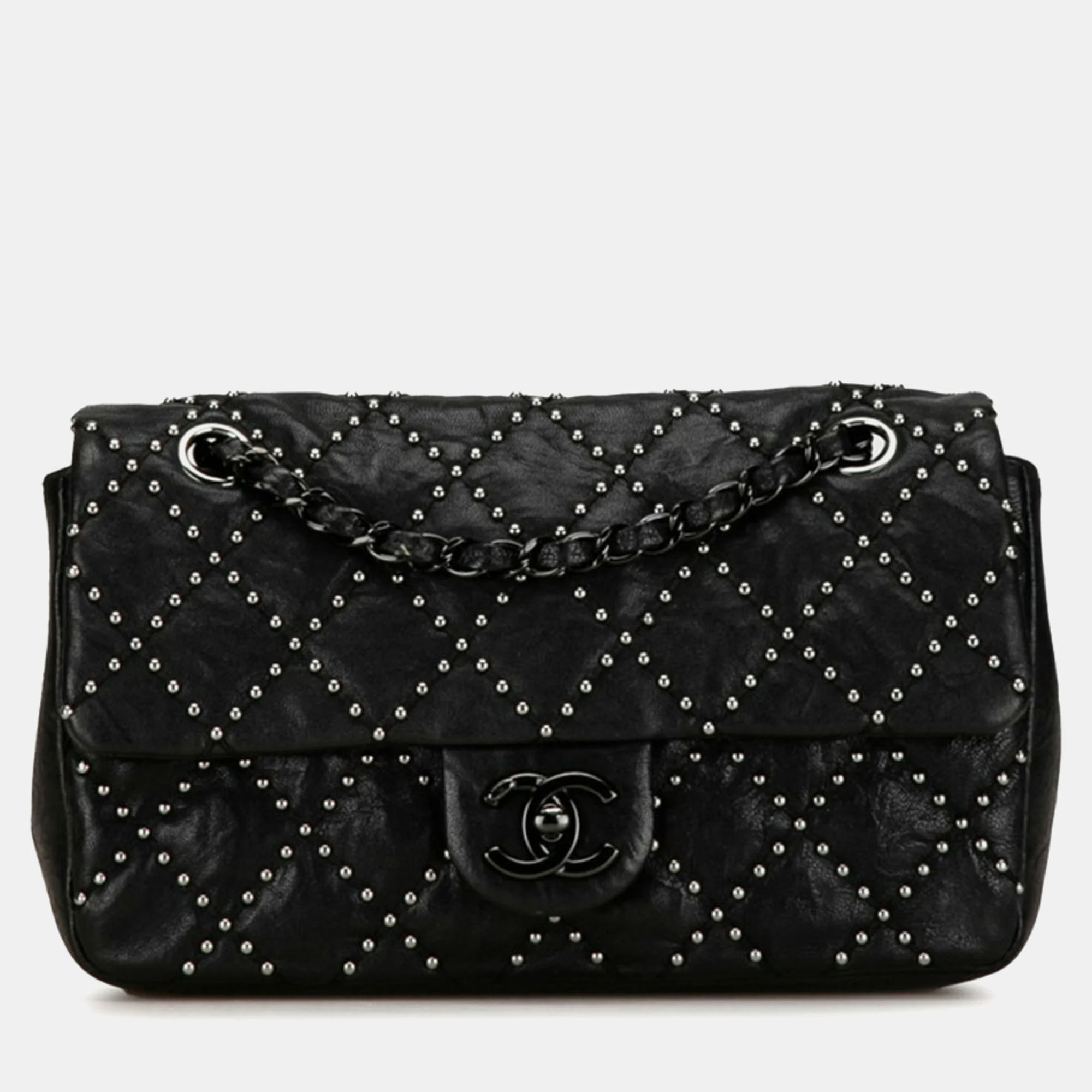 

Chanel Black Washed Lambskin Studded Metal Beauty Flap Bag