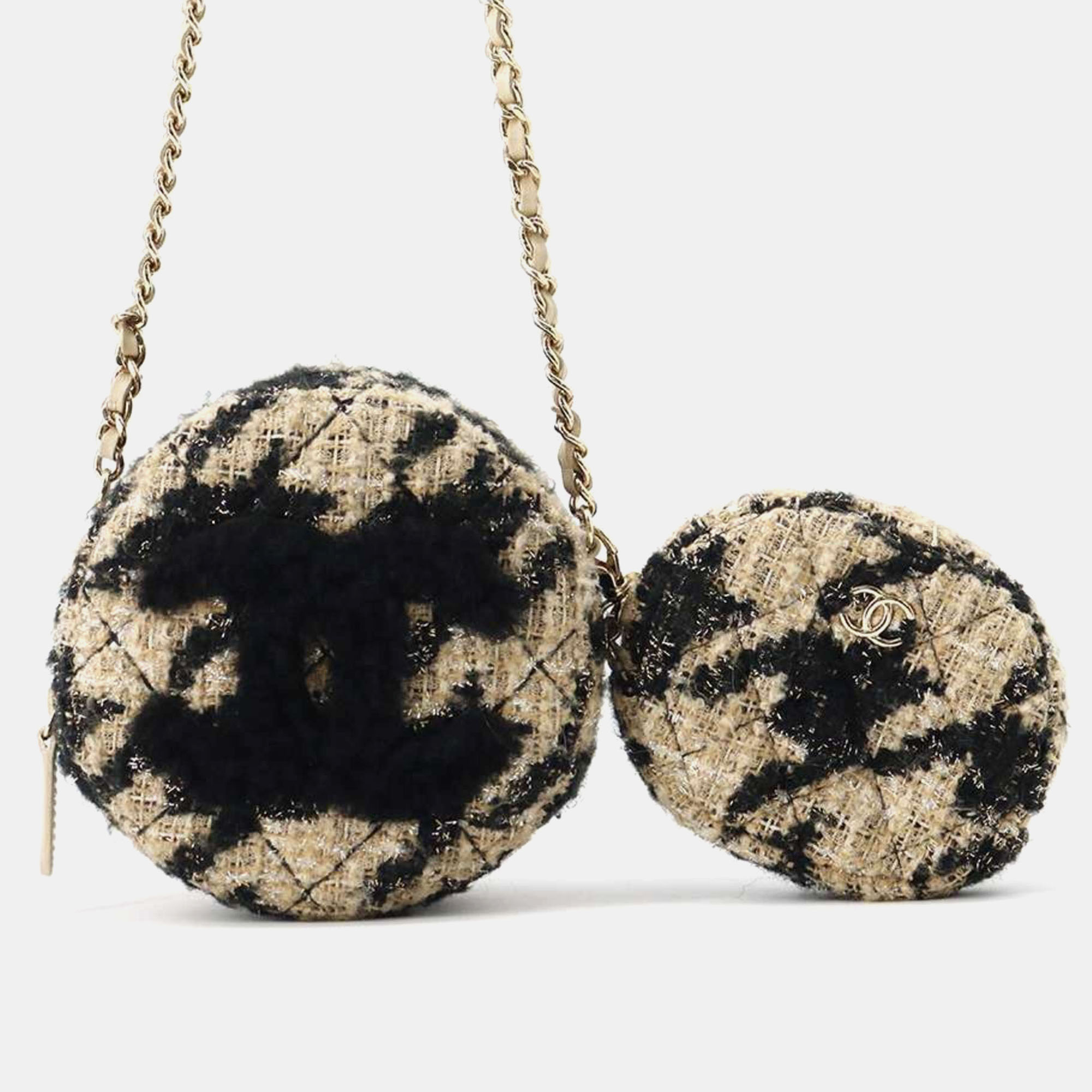 Pre-owned Chanel Beige Black Tweed Shearling Round Clutch With Chain And Coin Purse