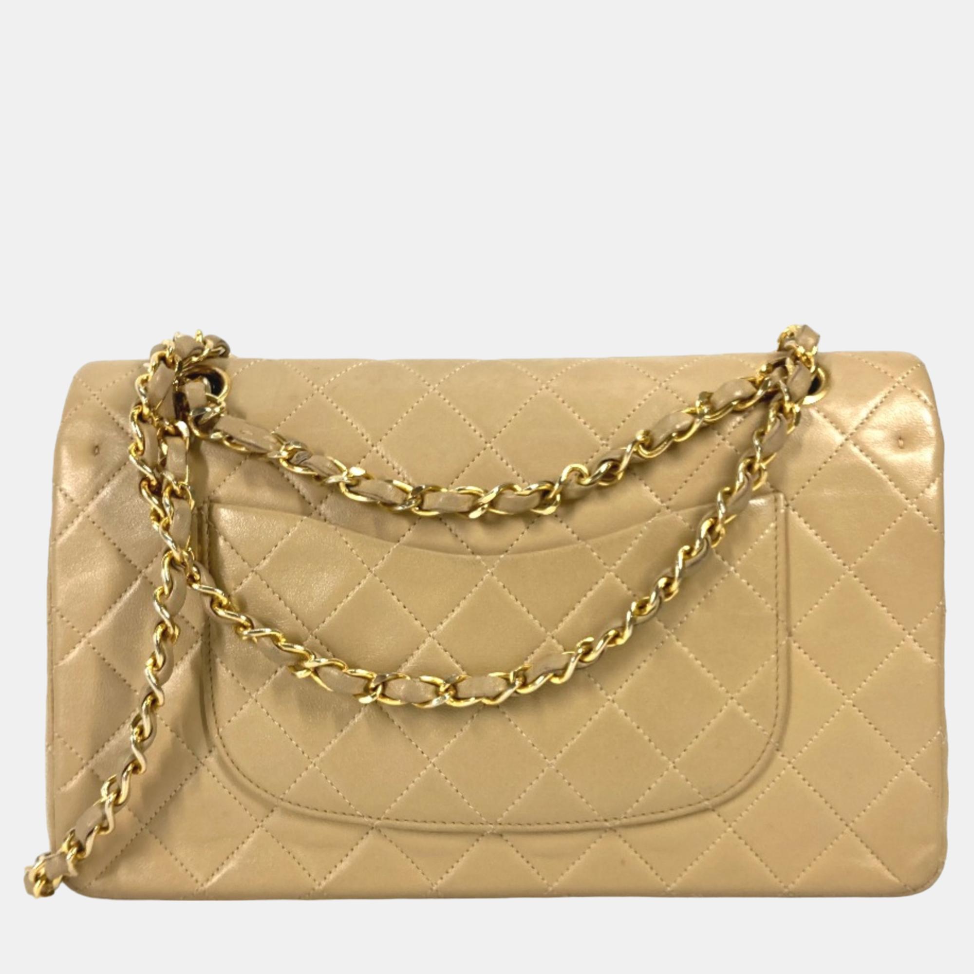 Chanel Beige Leather Medium Classic Double Flap Shoulder Bags 