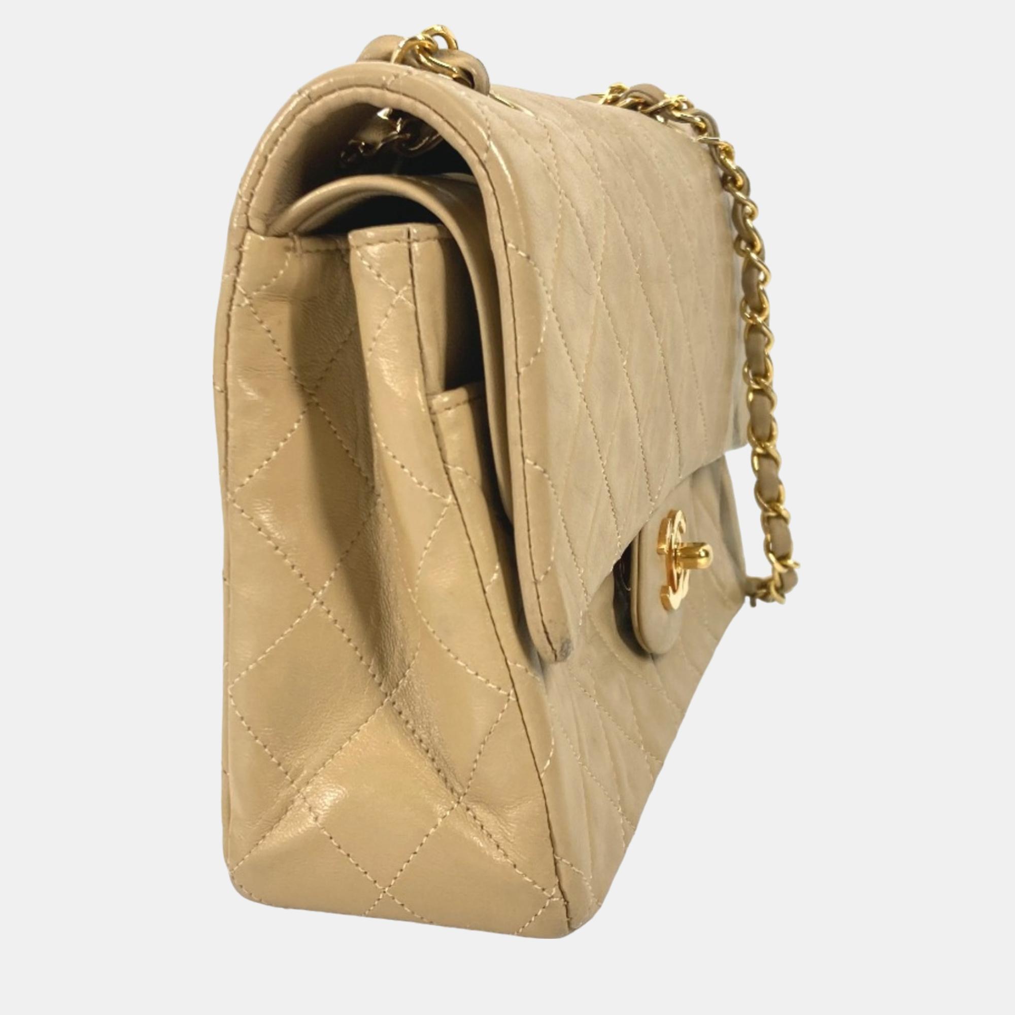 Chanel Beige Leather Medium Classic Double Flap Shoulder Bags 