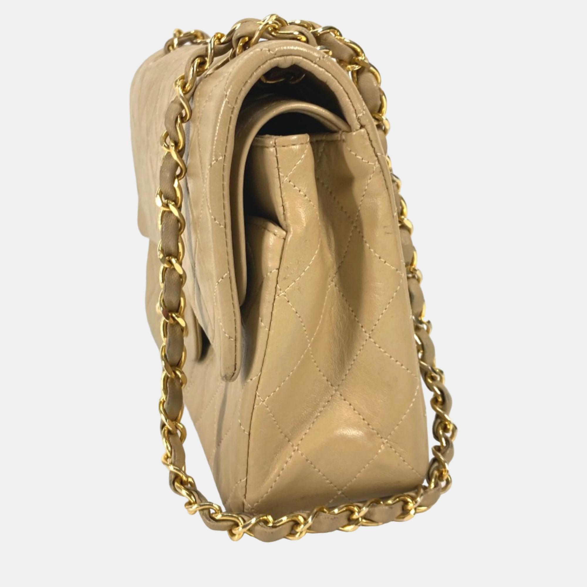 Chanel Beige Leather Medium Classic Double Flap Shoulder Bags 