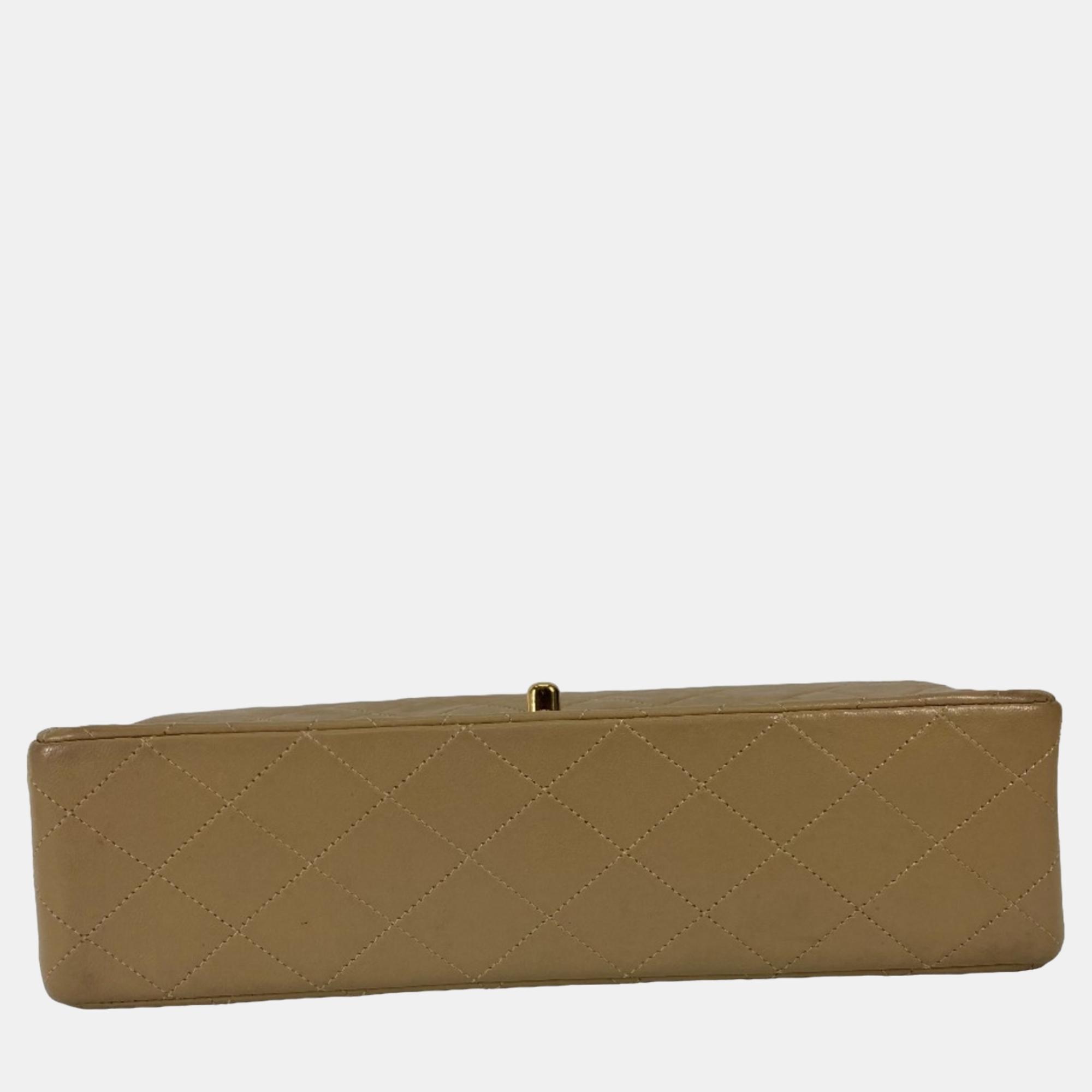 Chanel Beige Leather Medium Classic Double Flap Shoulder Bags 