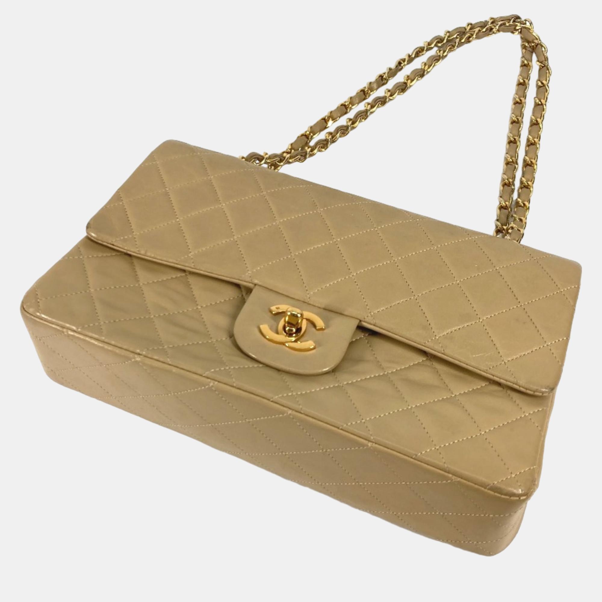 Chanel Beige Leather Medium Classic Double Flap Shoulder Bags 