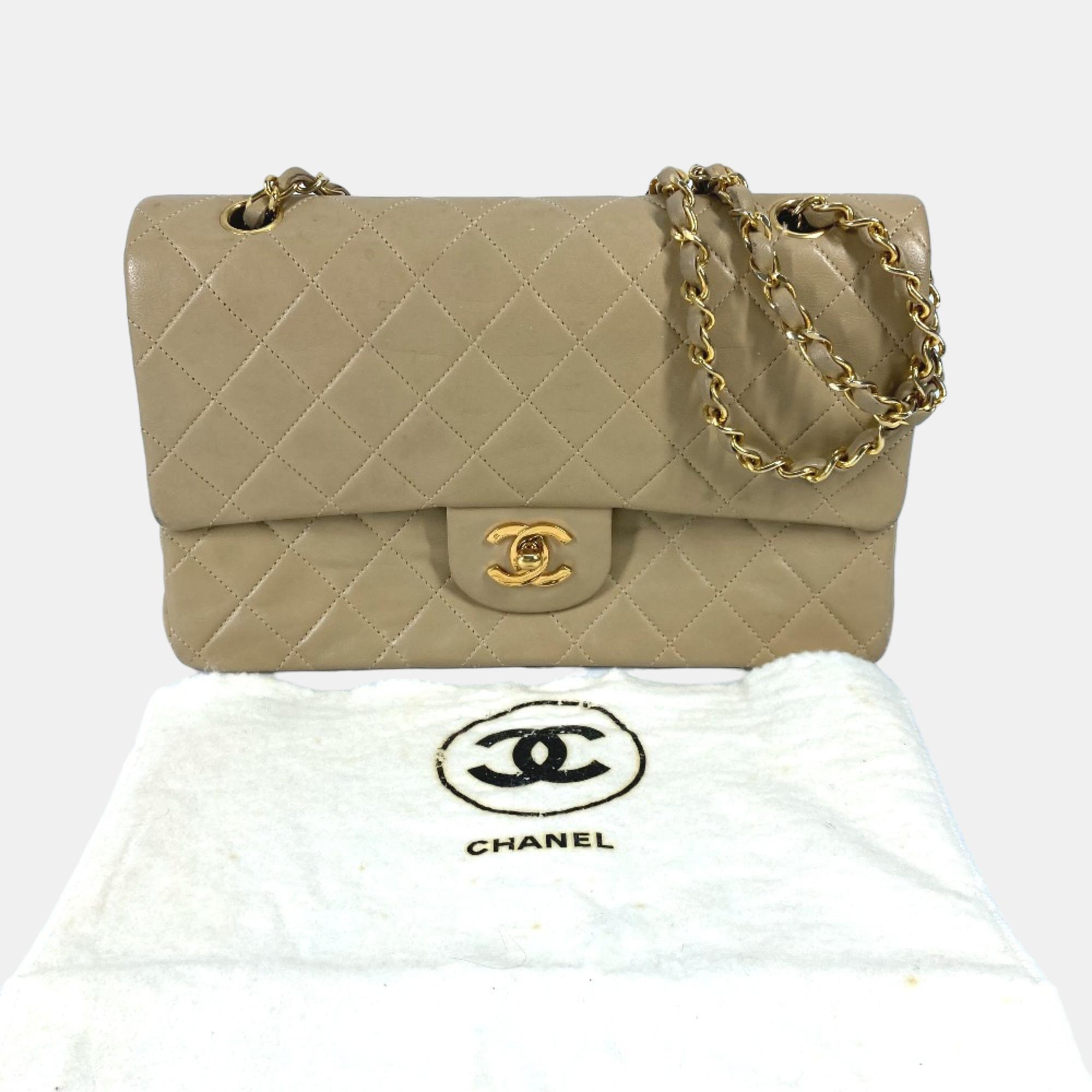 Chanel Beige Leather Medium Classic Double Flap Shoulder Bags 