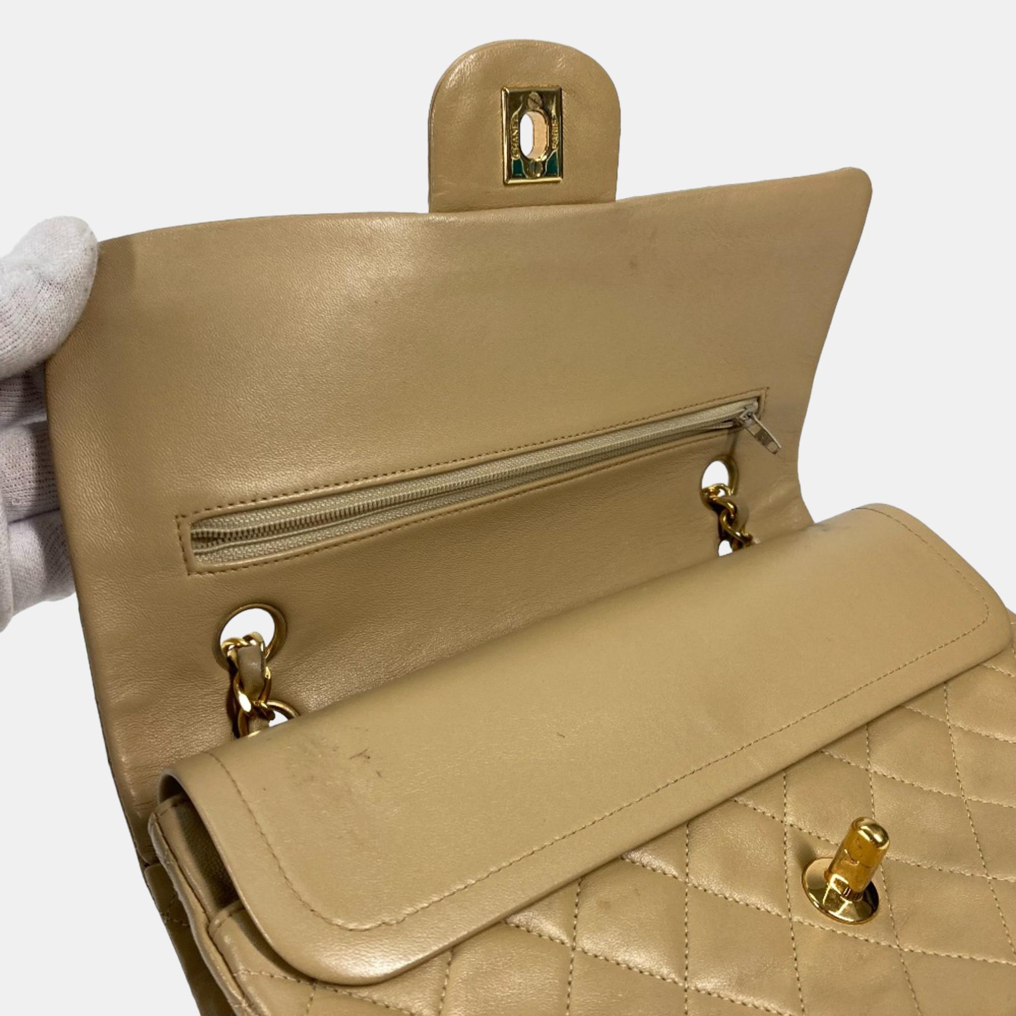 Chanel Beige Leather Medium Classic Double Flap Shoulder Bags 