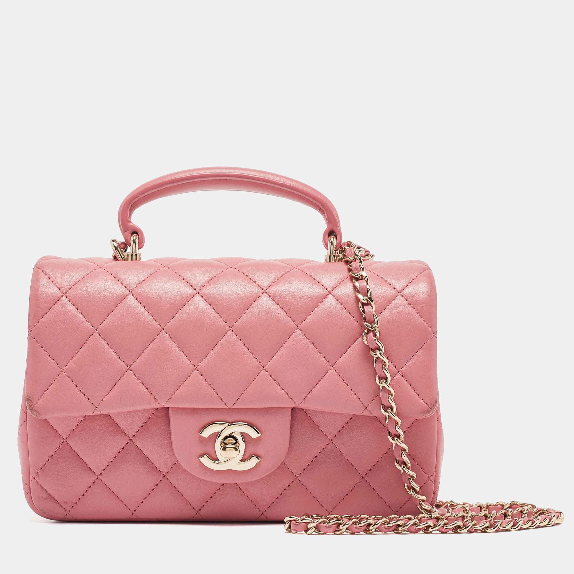 

Chanel Pink Quilted Leather Mini Rectangular Flap Top Handle Bag