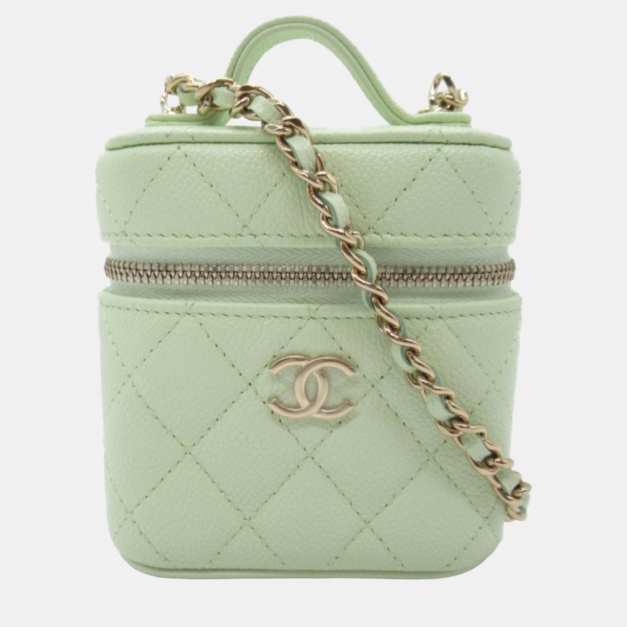 

Chanel Green Quilted Caviar Handle with Care Vanity Case with Chain