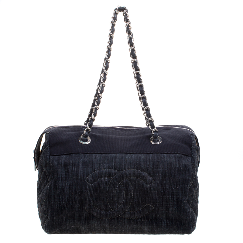 Pre Owned Chanel Navy Blue Quilted Denim CC Bowling Bag