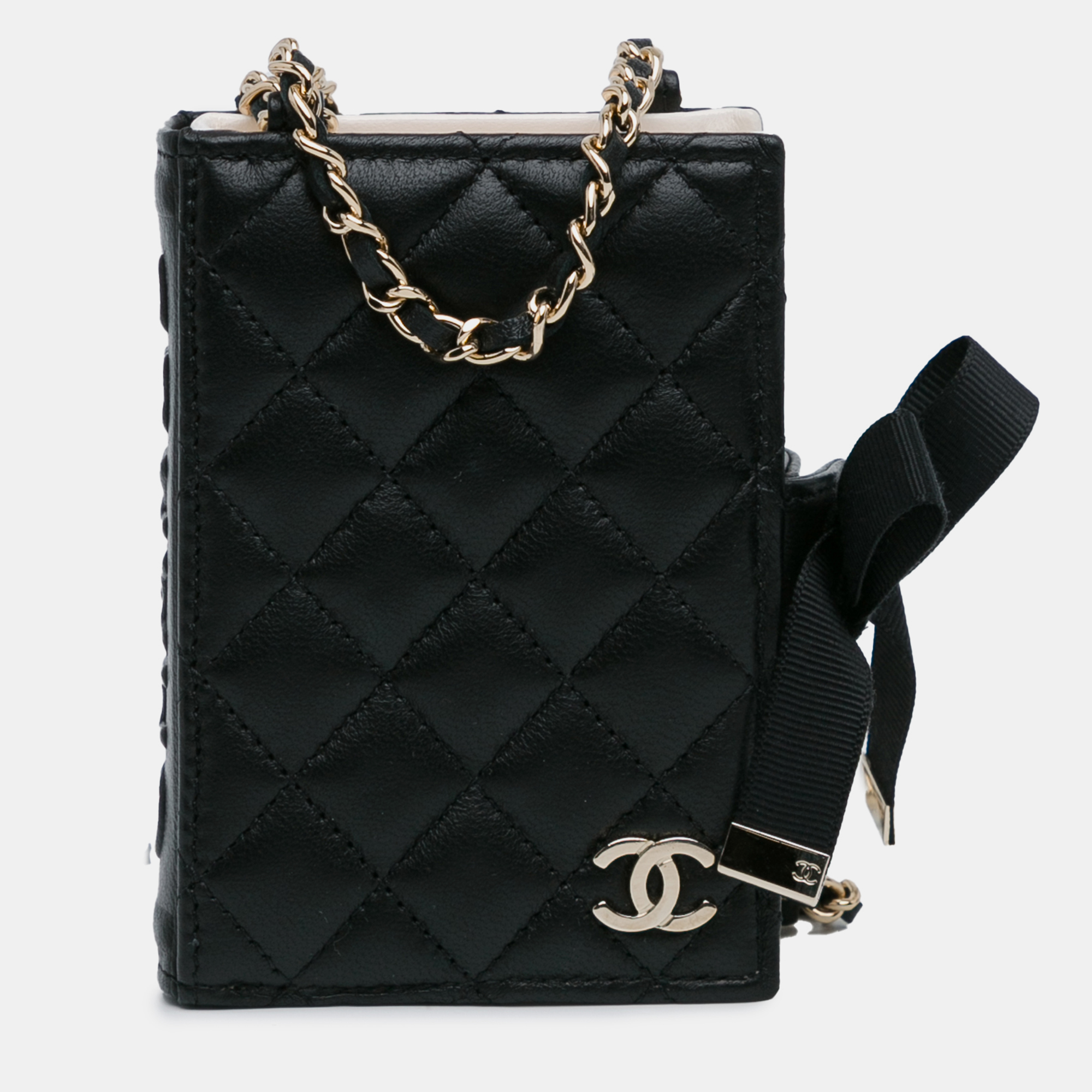 

Chanel Quilted Lambskin Book Card Holder On Chain, Black