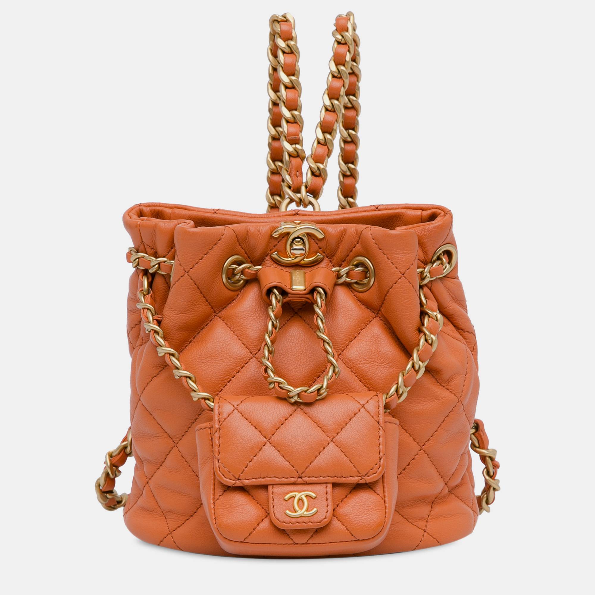 Pre-owned Chanel Cc Lambskin Chain Bucket Backpack With Mini Flap Bag In Orange