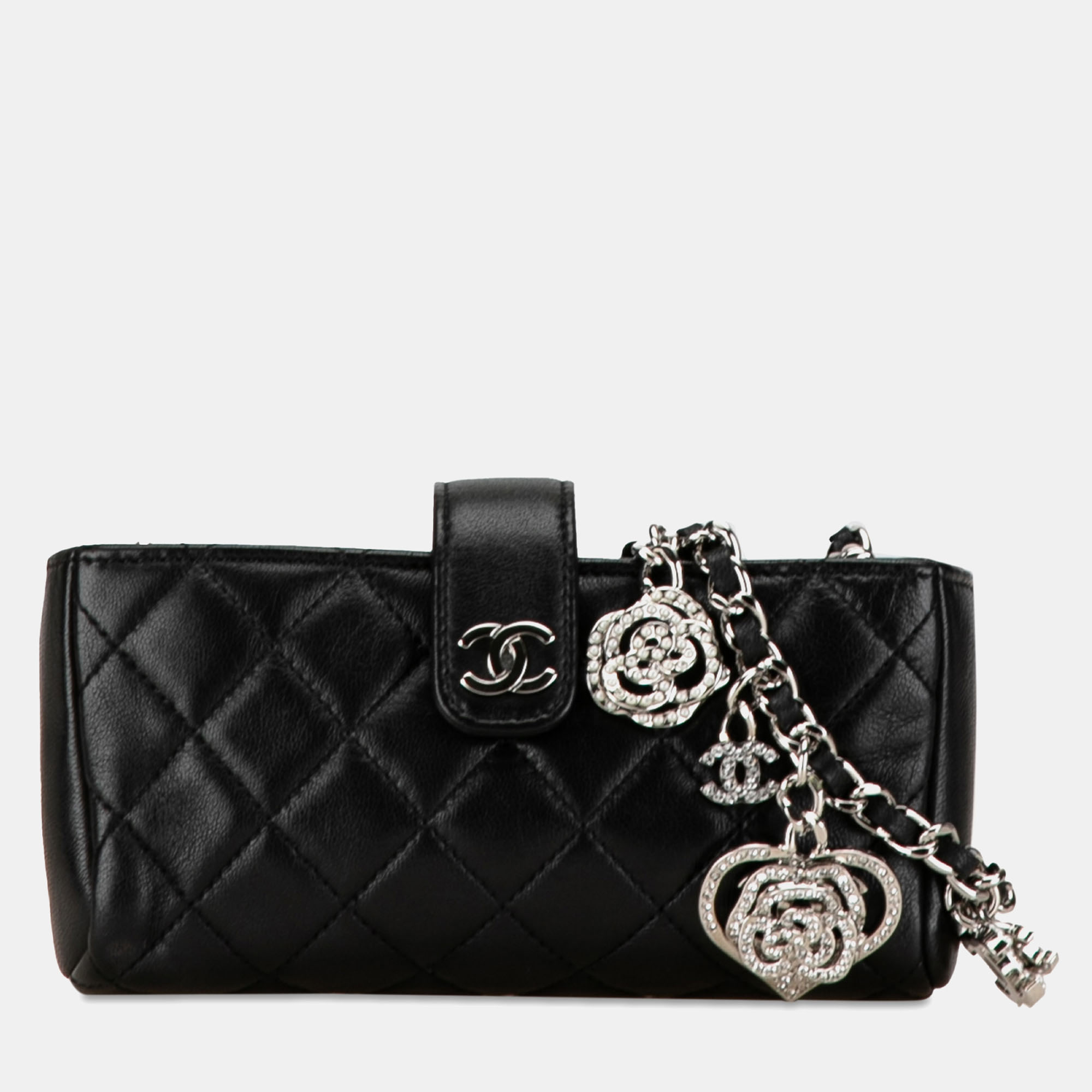 

Chanel Mini Lambskin Crystal Valentine Charms Phone Holder, Black