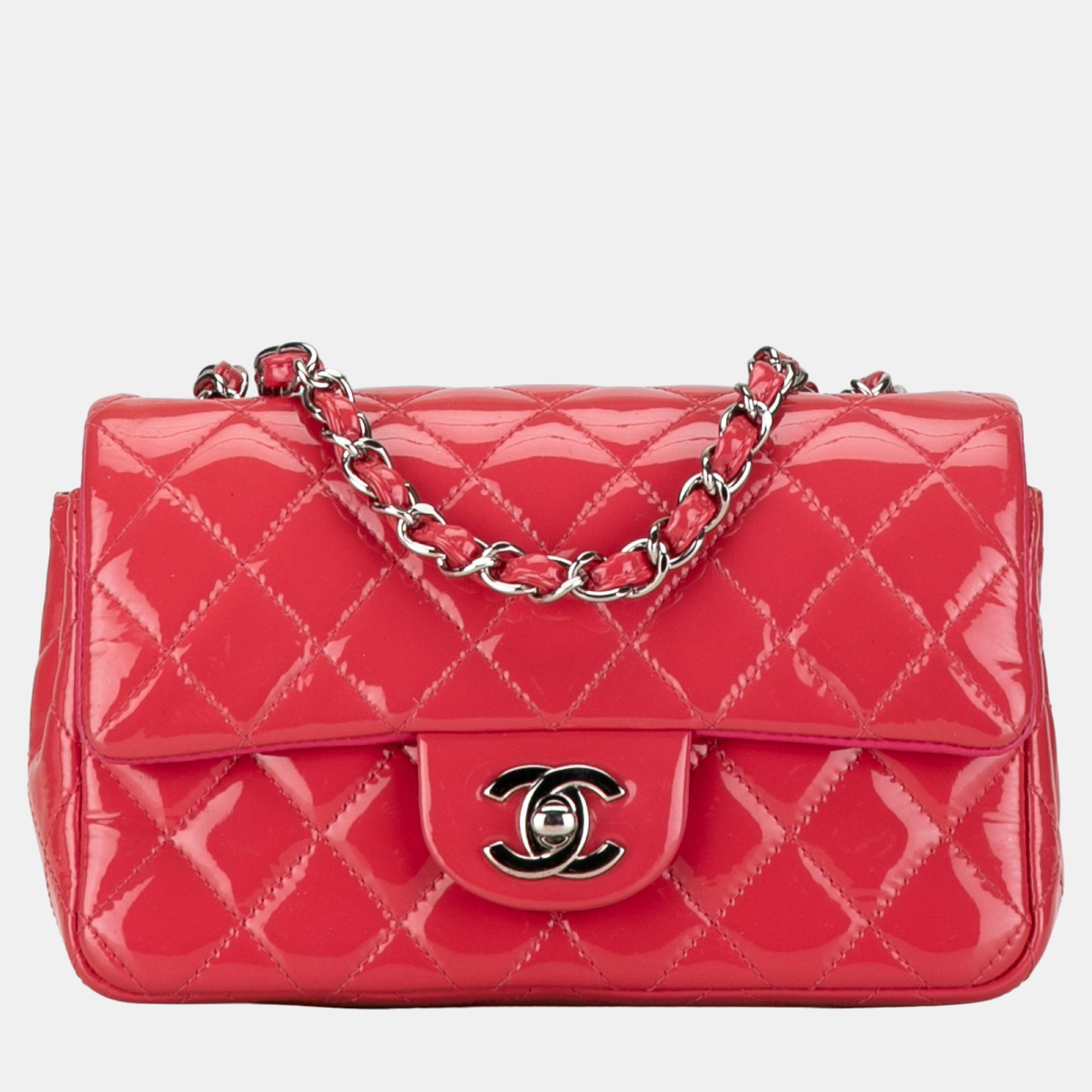 

Chanel Pink Mini Rectangular Classic Patent Single Flap