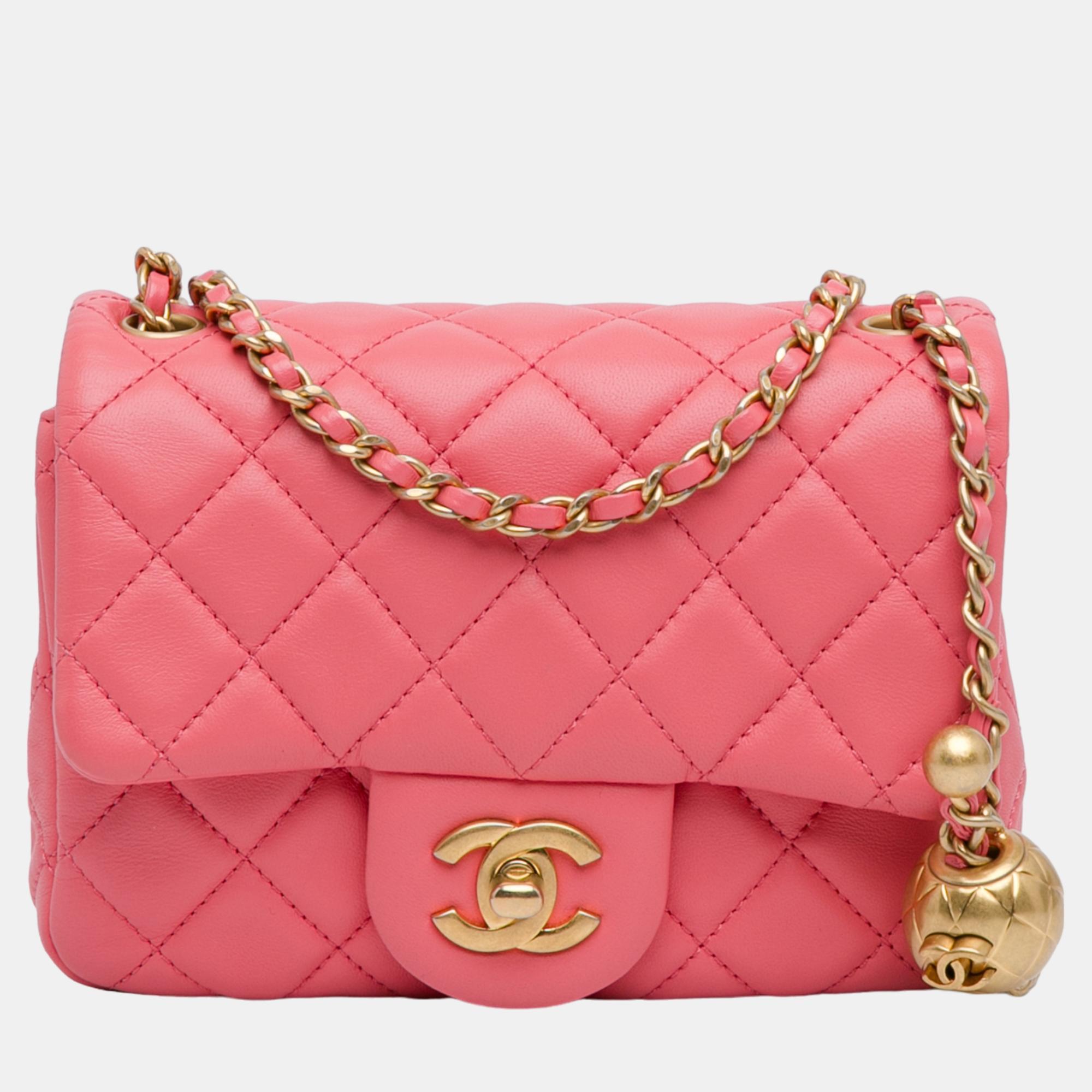 

Chanel Pink Mini Square Classic Lambskin Pearl Crush Flap