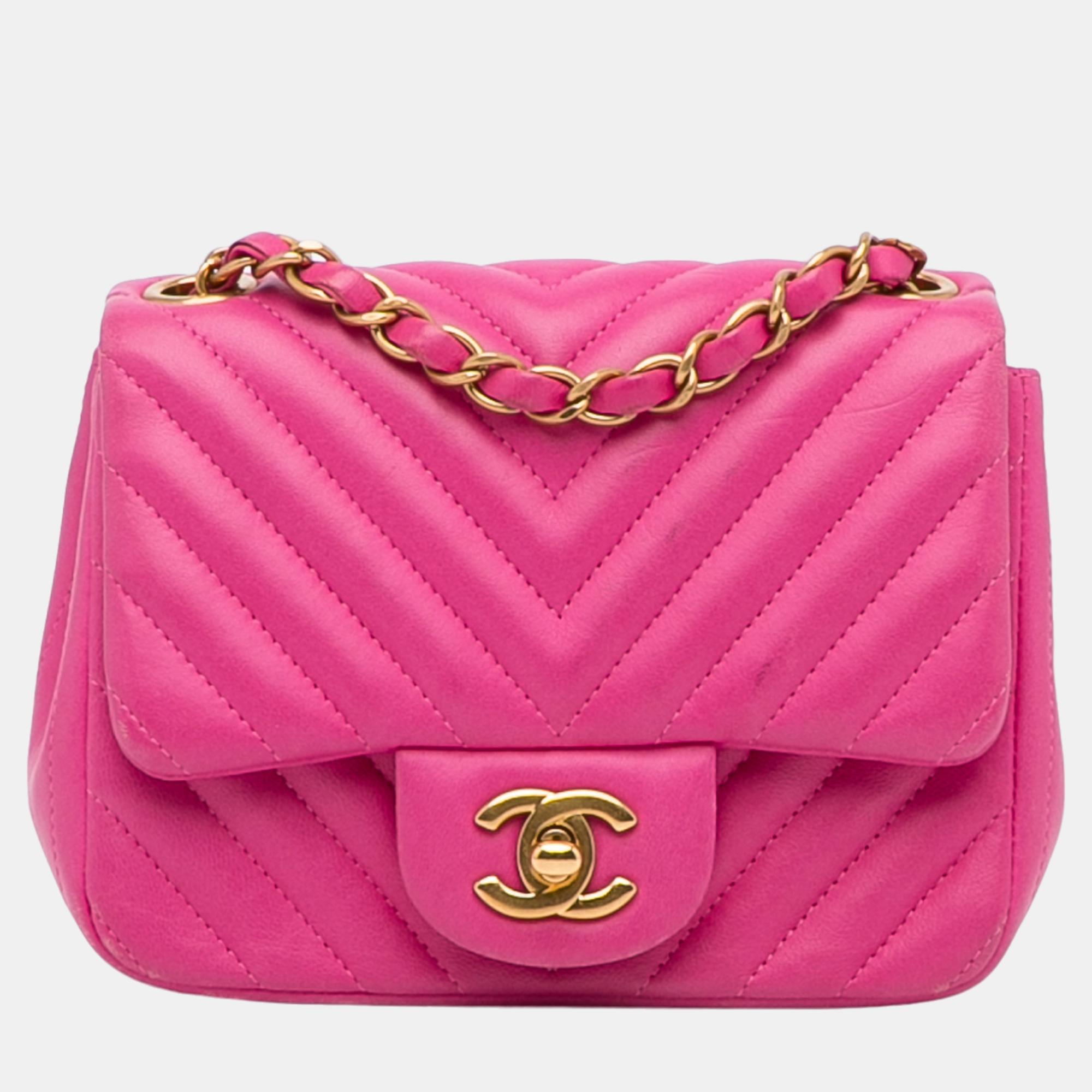 Pre-owned Chanel Pink Mini Square Classic Lambskin Chevron Flap