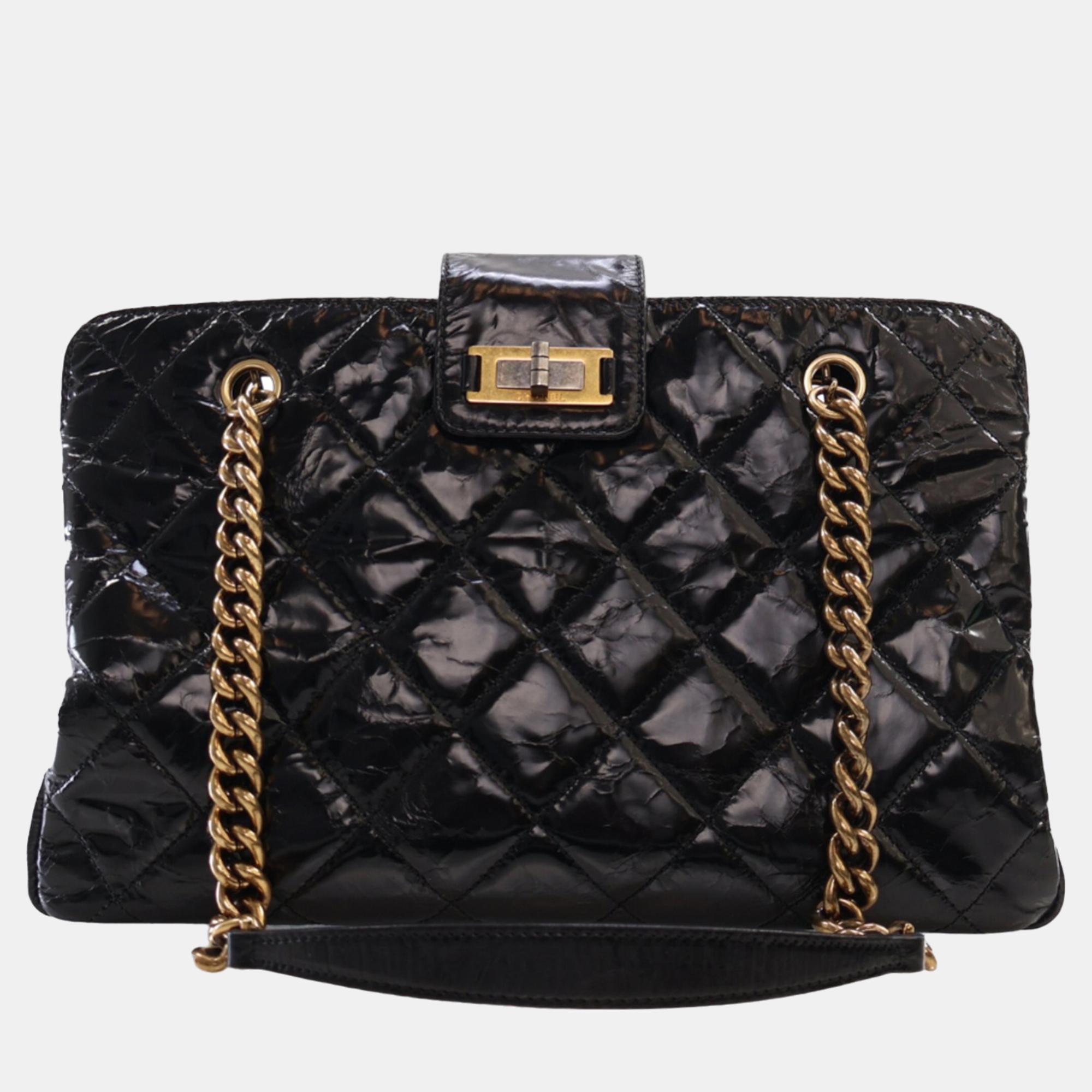 Pre-owned Chanel Black Glazed Crackled Calfskin Reissue Tote