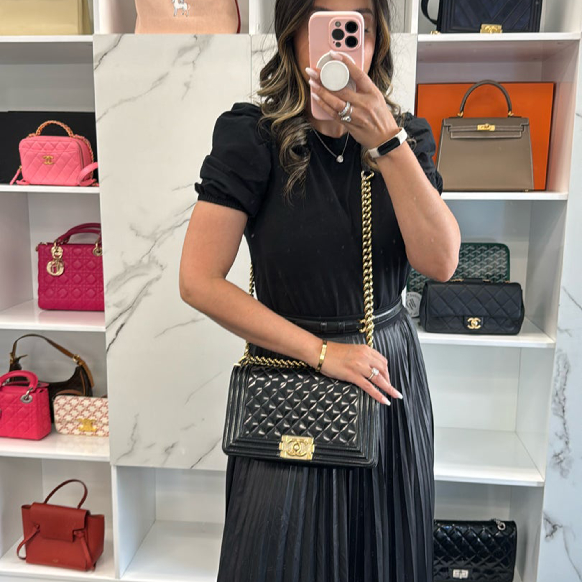 

Chanel Black Patent Medium Boy Bag